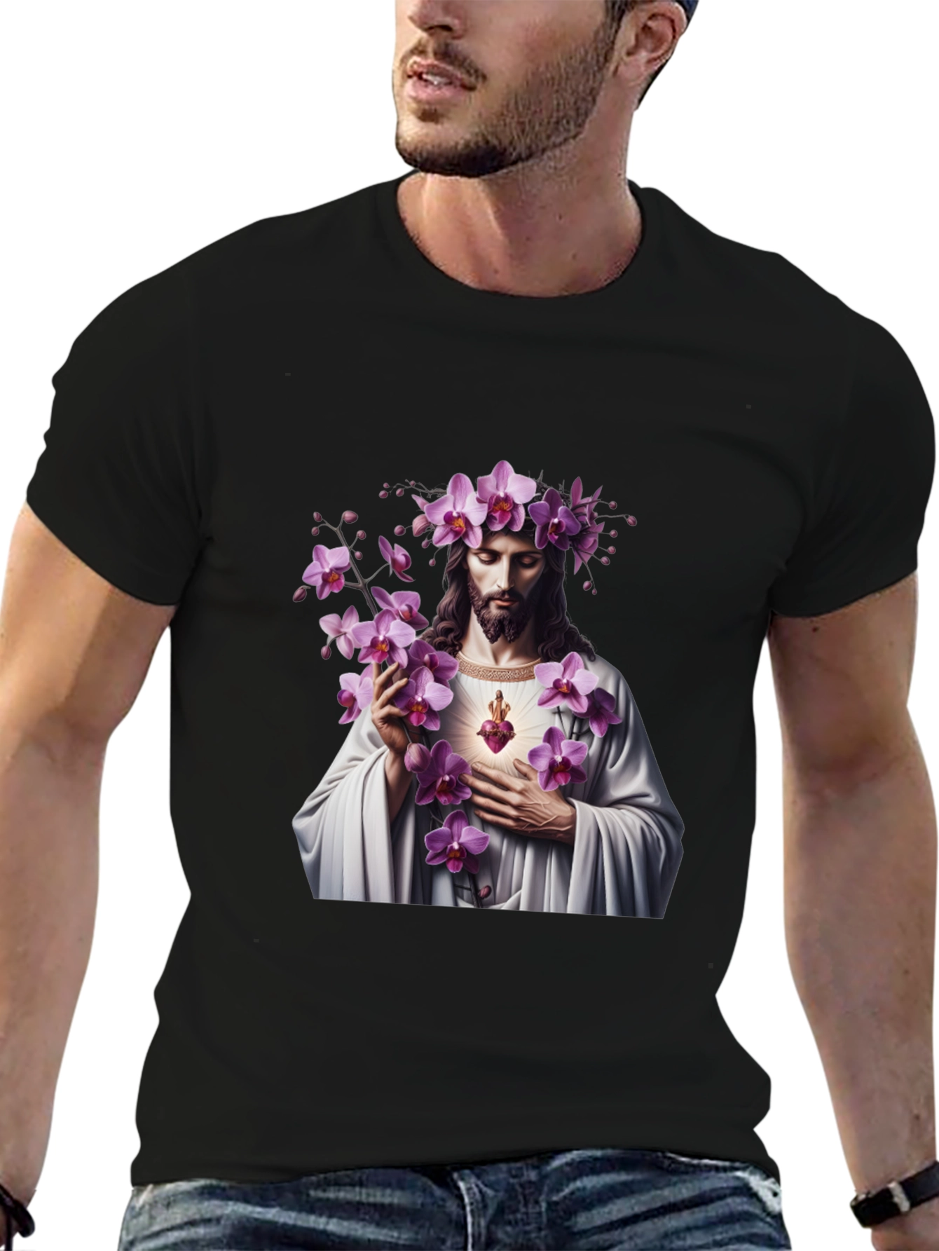Floral Jesus Graphic Black T-Shirt