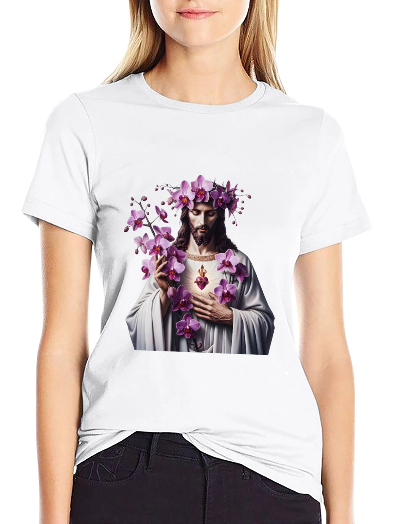 Floral Jesus Graphic Black T-Shirt