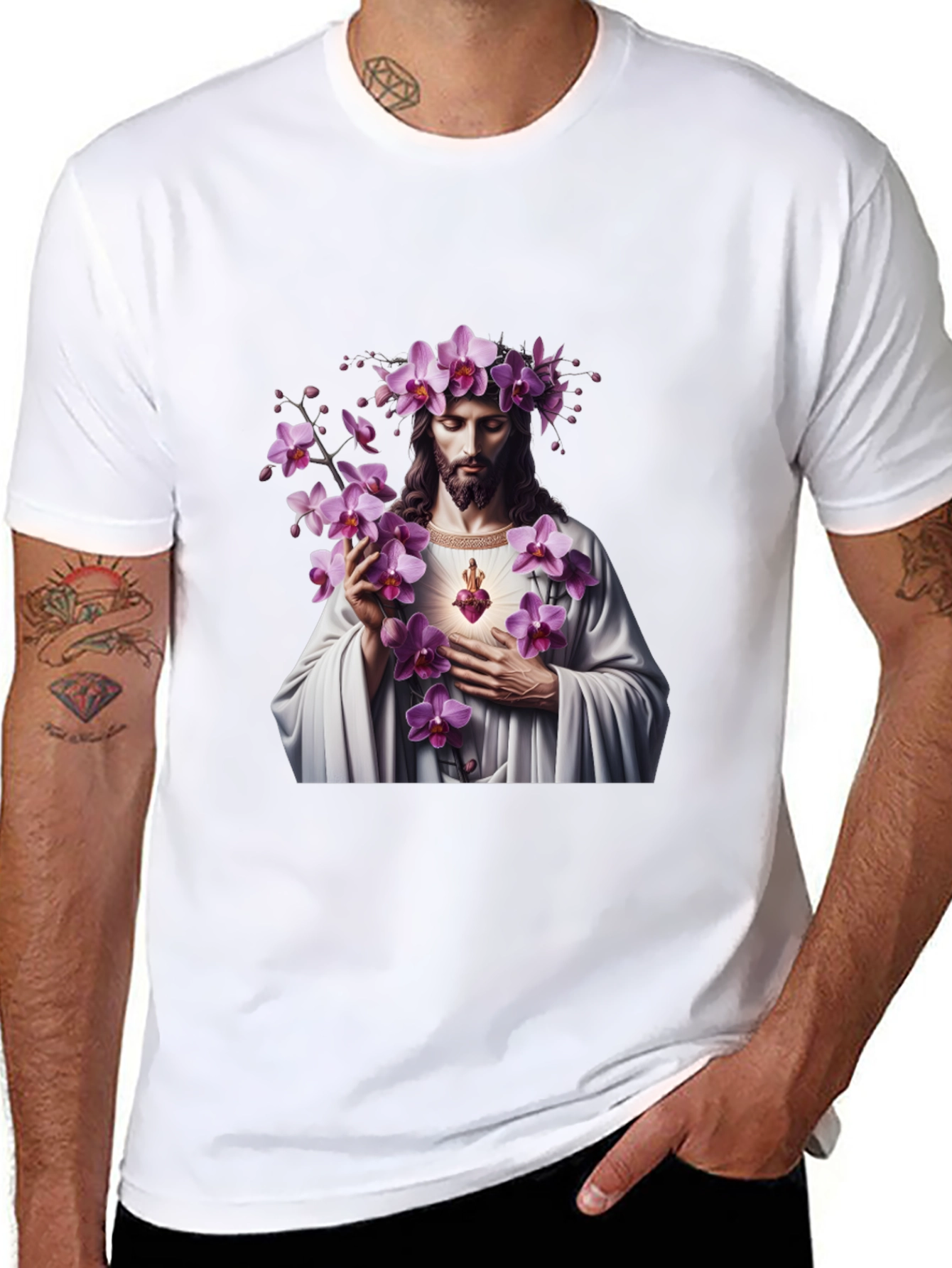 Floral Jesus Graphic Black T-Shirt
