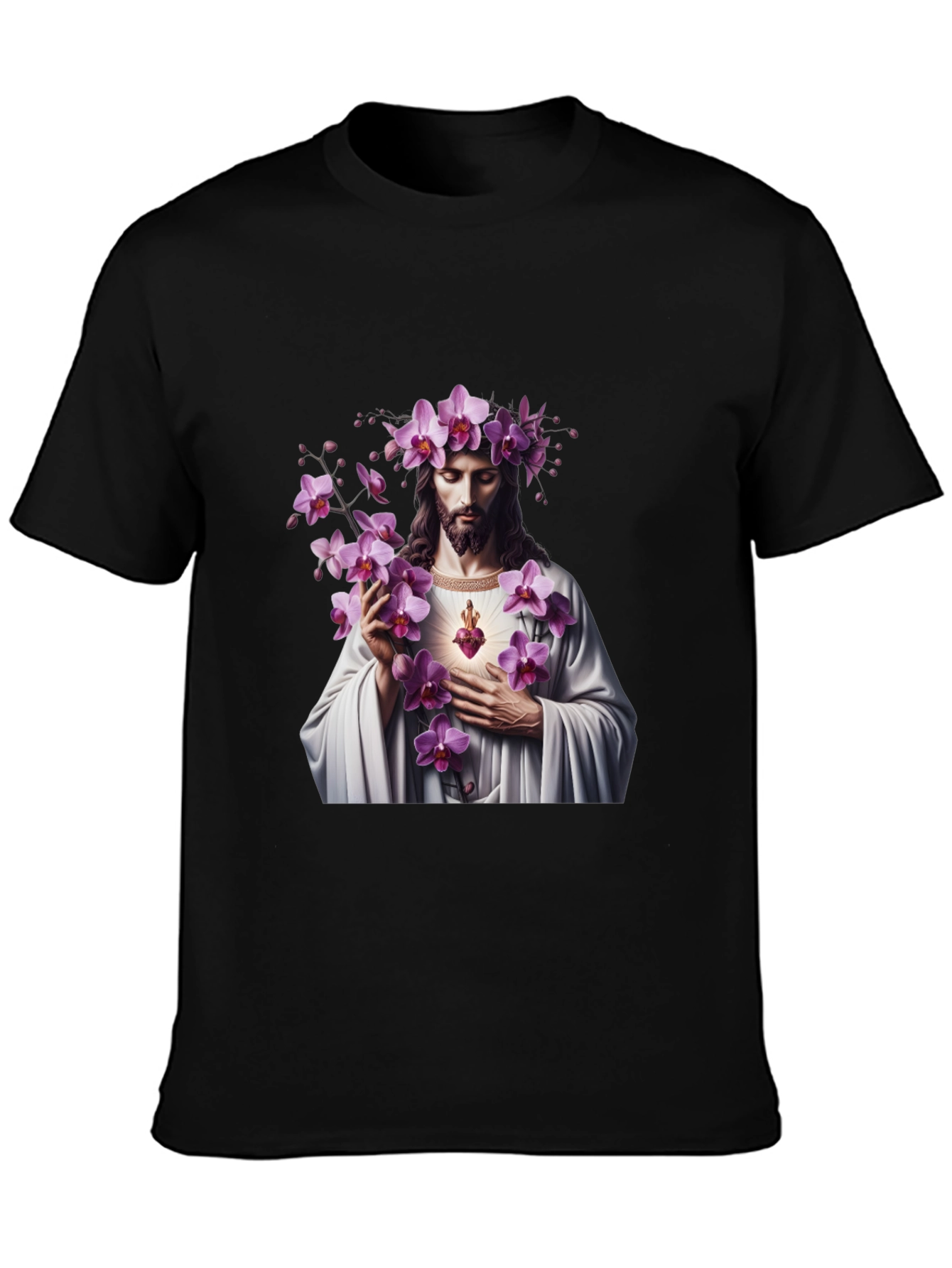 Floral Jesus Graphic Black T-Shirt