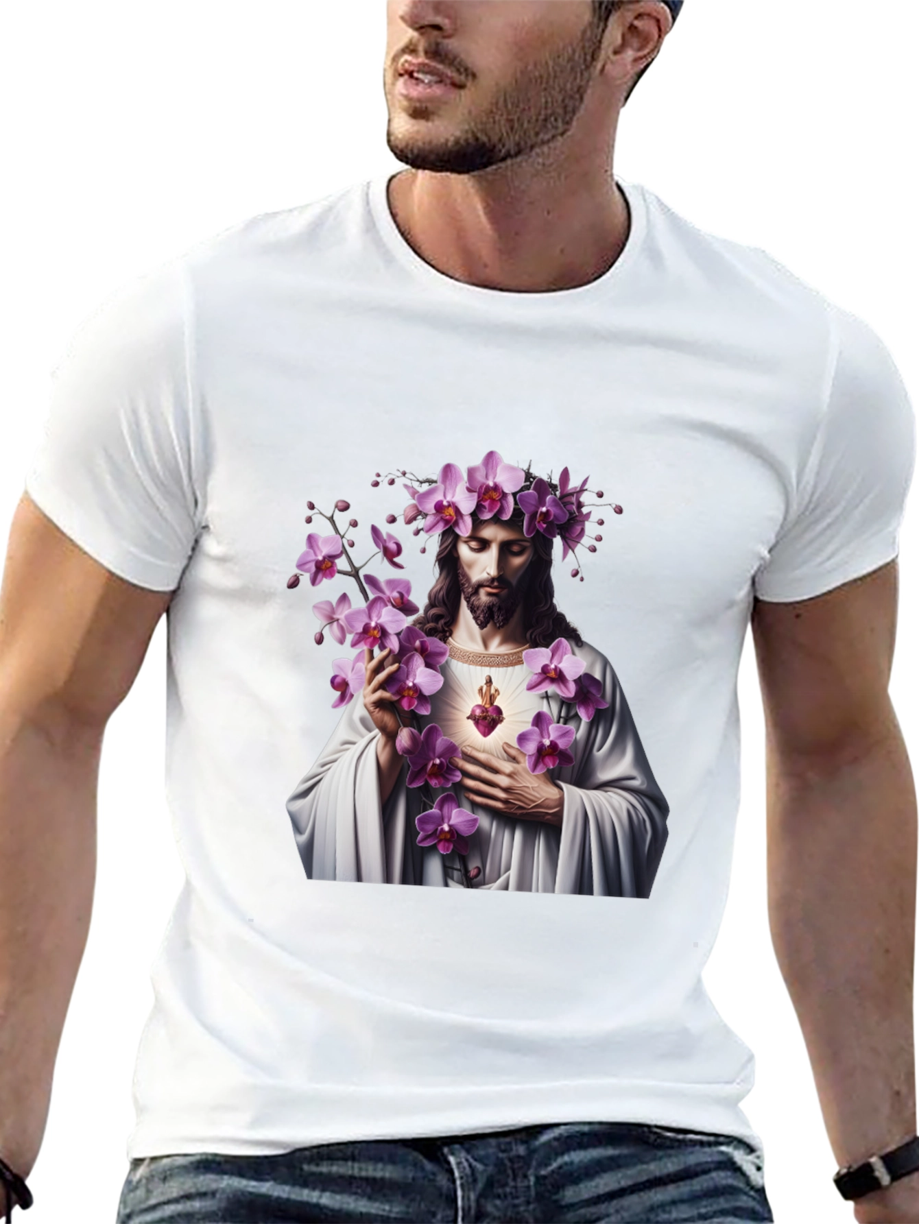 Floral Jesus Graphic Black T-Shirt