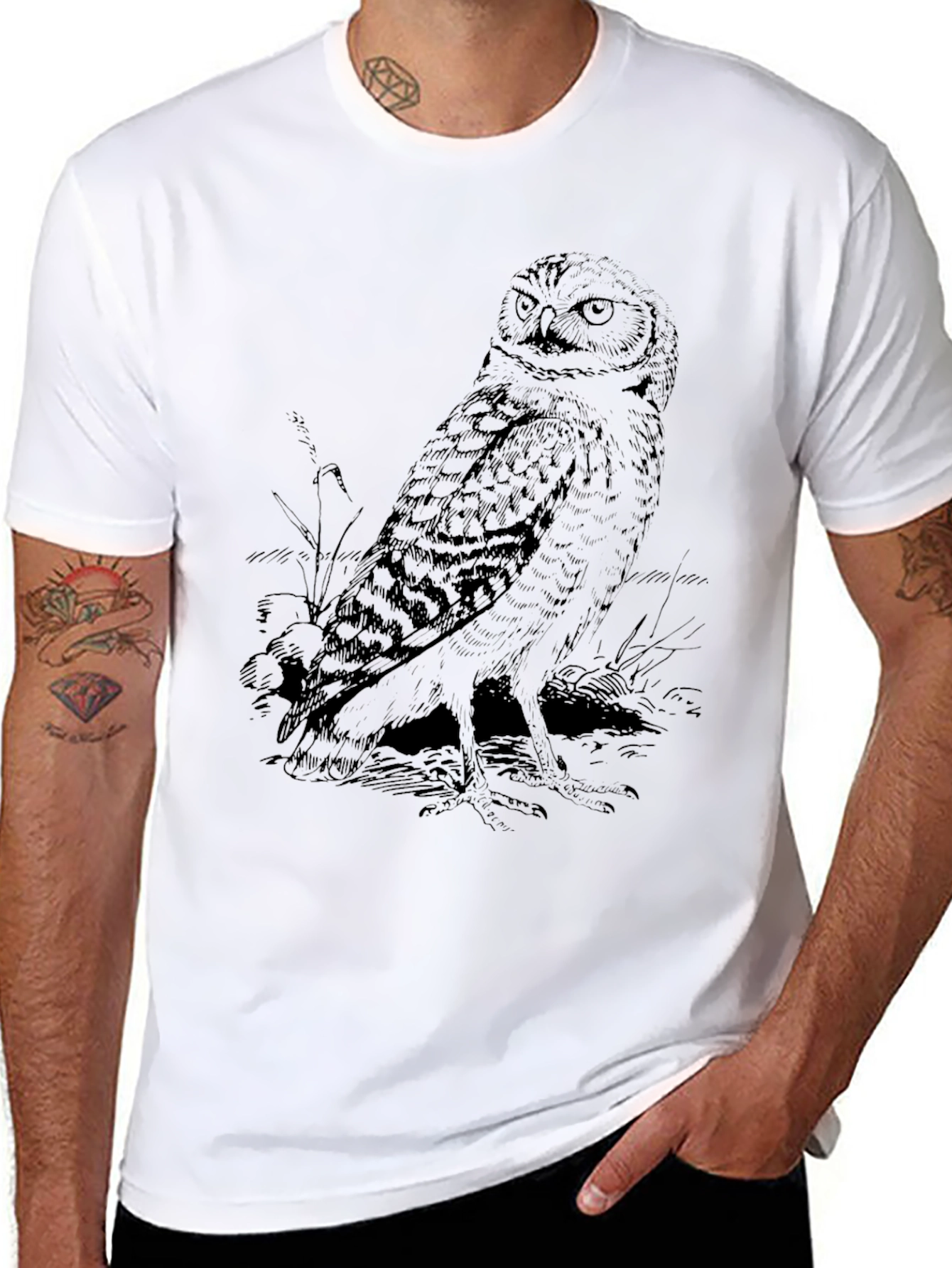 Owl Graphic Print Black Crew Neck T-Shirt