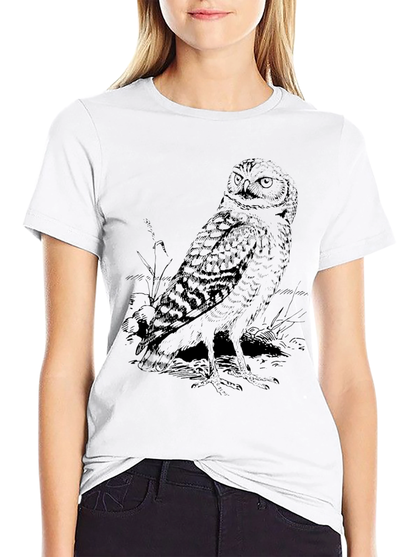 Owl Graphic Print Black Crew Neck T-Shirt