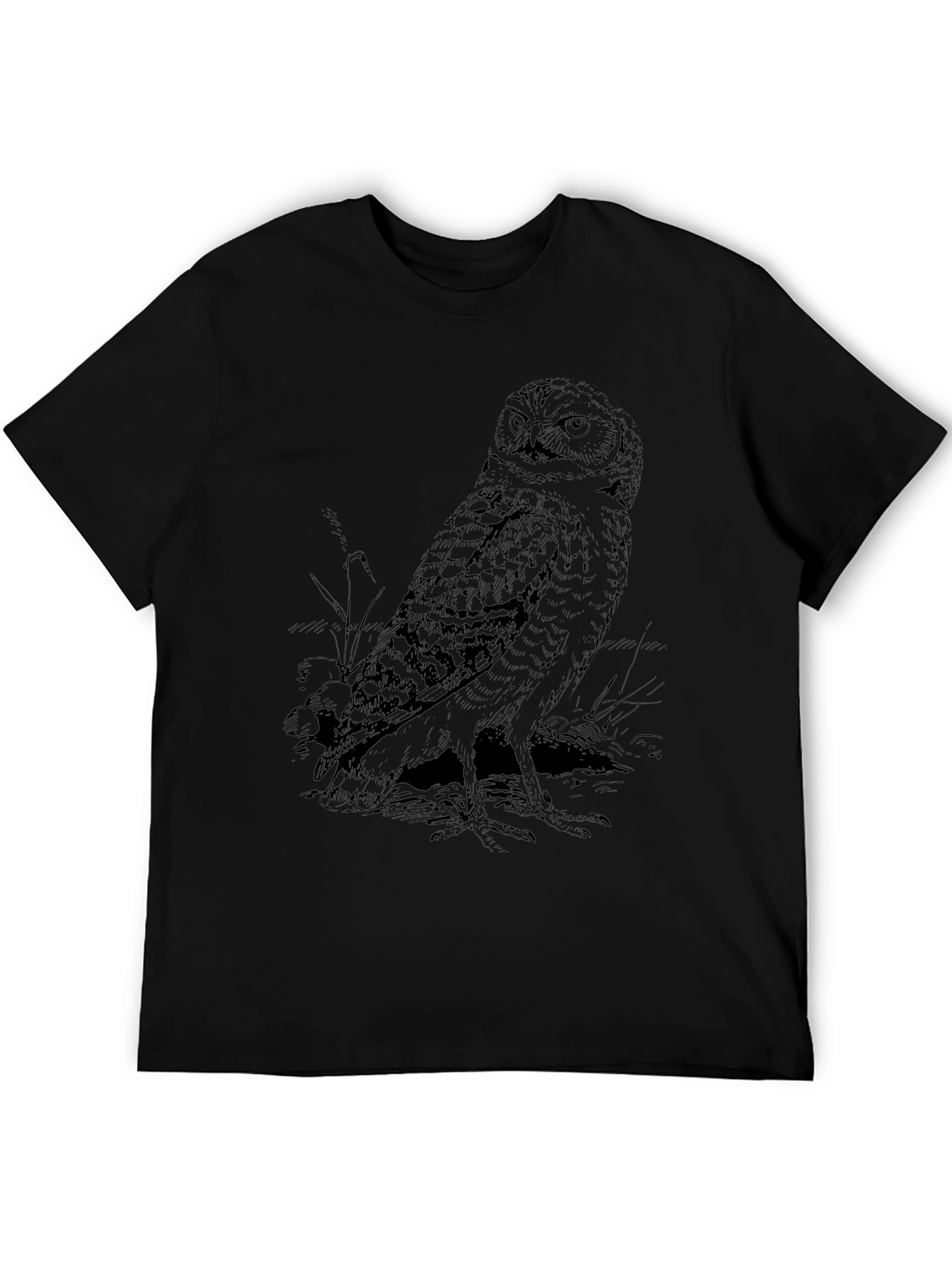 Owl Graphic Print Black Crew Neck T-Shirt