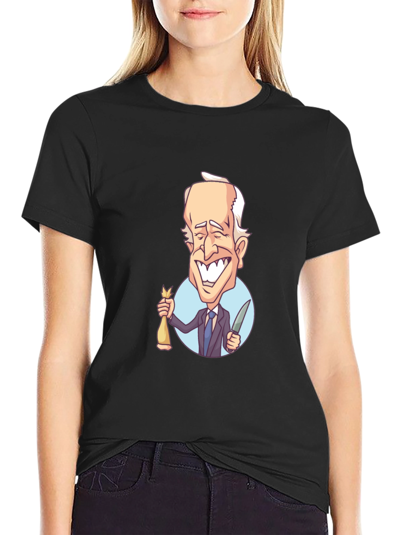 Cartoon Biden Graphic T-Shirt - Black