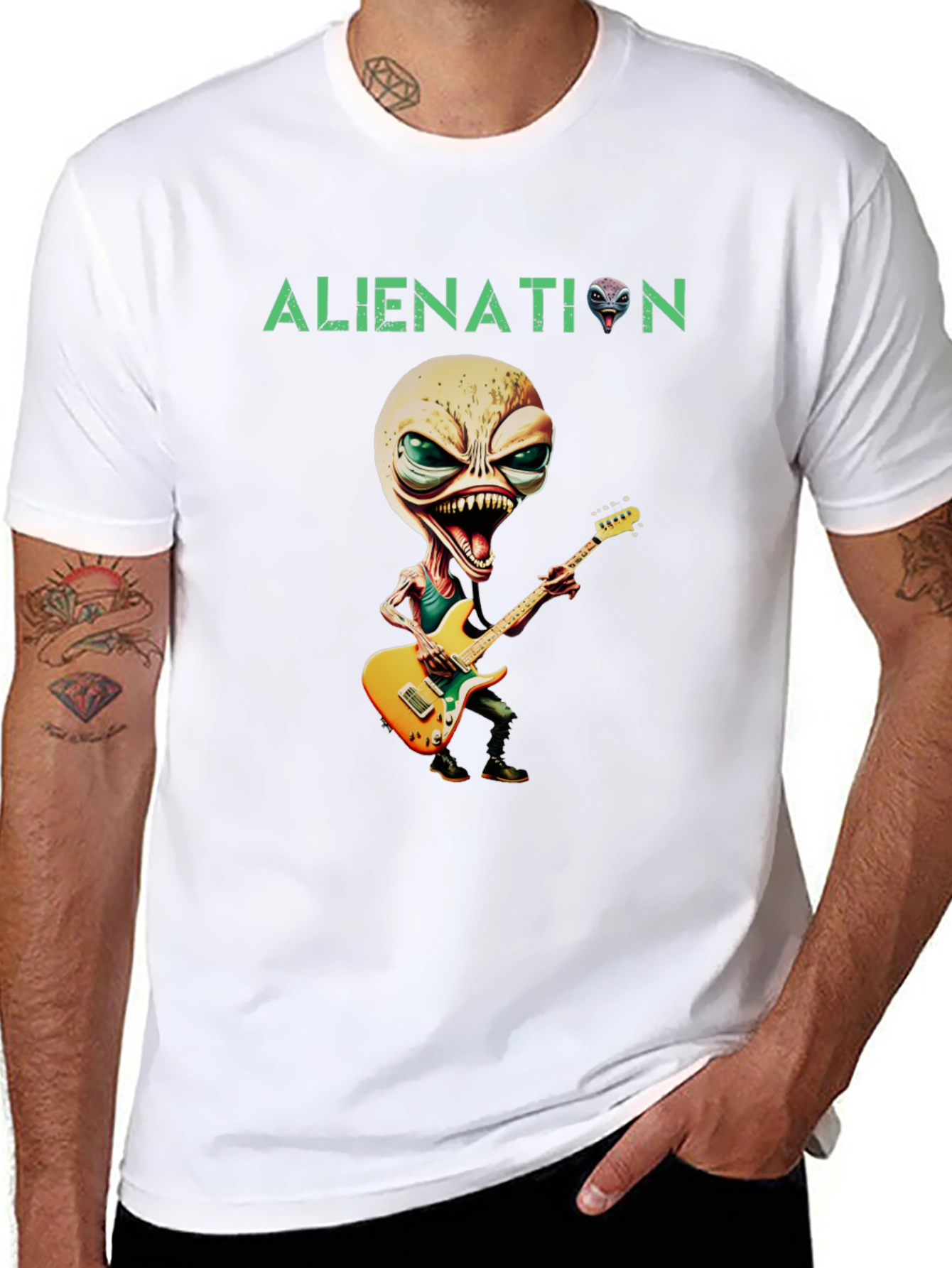 Alienation T-Shirt: Rockin Alien Guitarist Graphic Tee