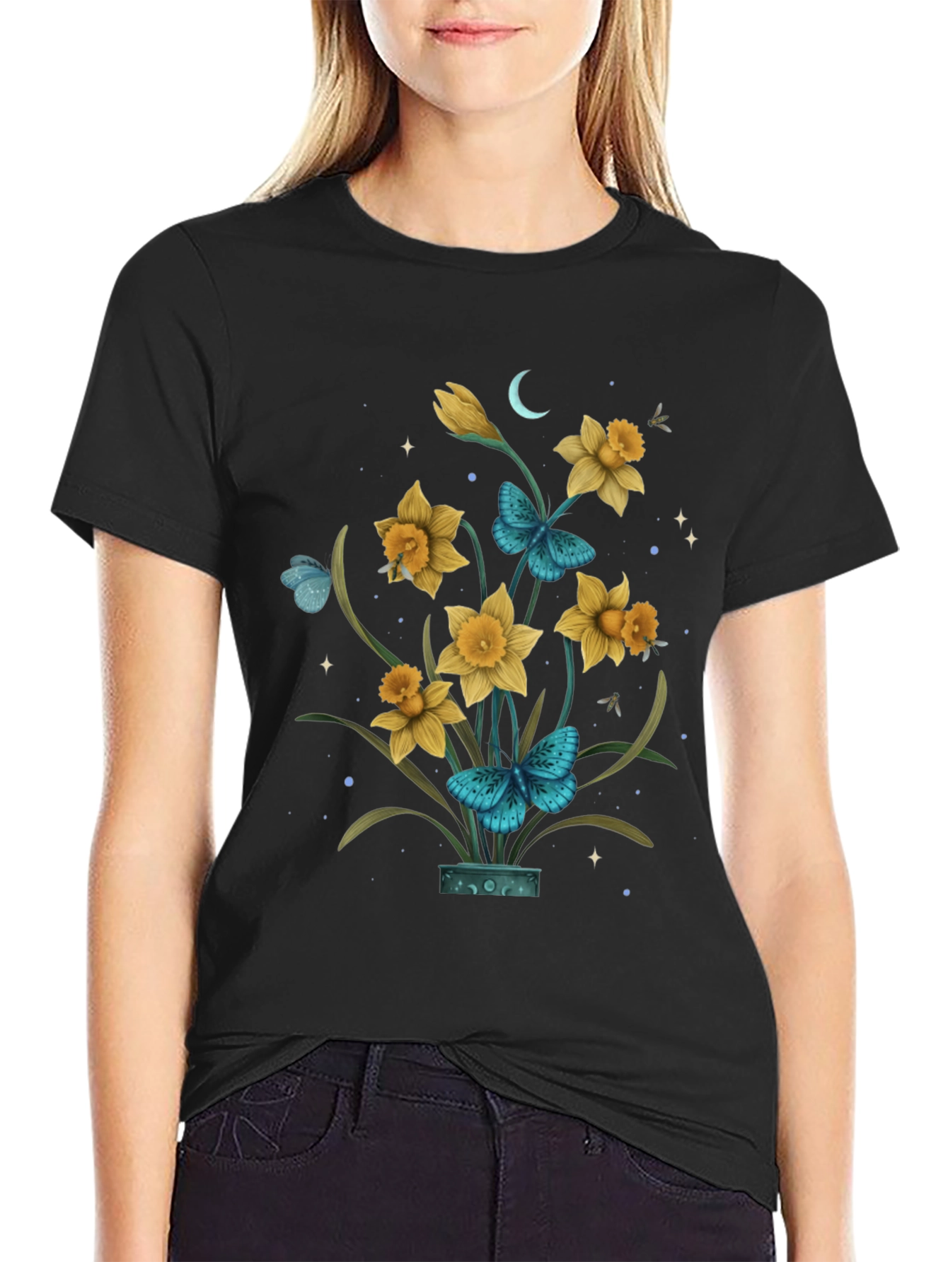 Floral Graphic T-Shirt with Butterfly Design