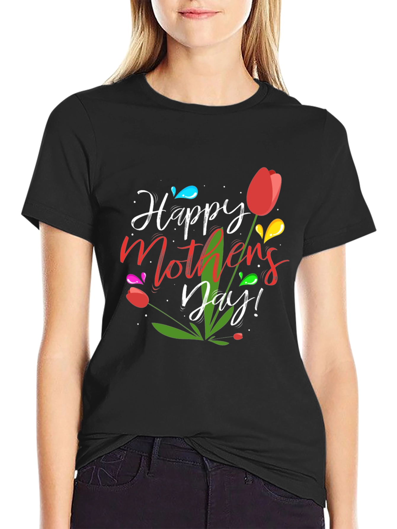 Happy Mothers Day Tulip Graphic Tee - Black