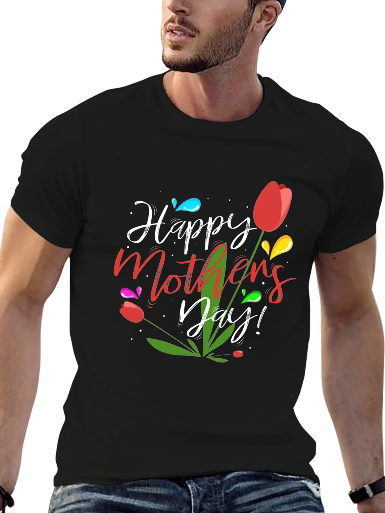 Happy Mothers Day Tulip Graphic Tee - Black