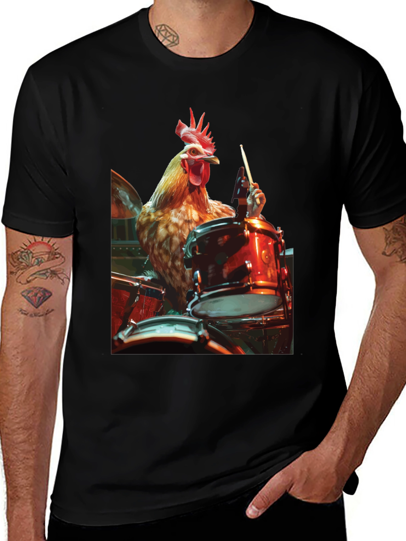 Chicken Drummer T-Shirt - Black Graphic Tee
