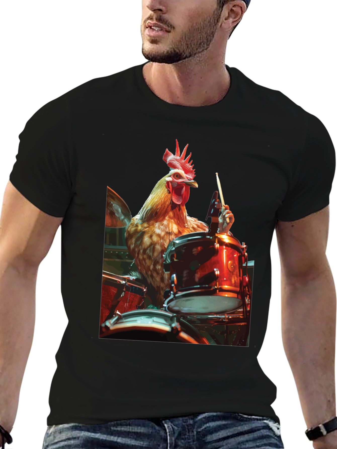 Chicken Drummer T-Shirt - Black Graphic Tee