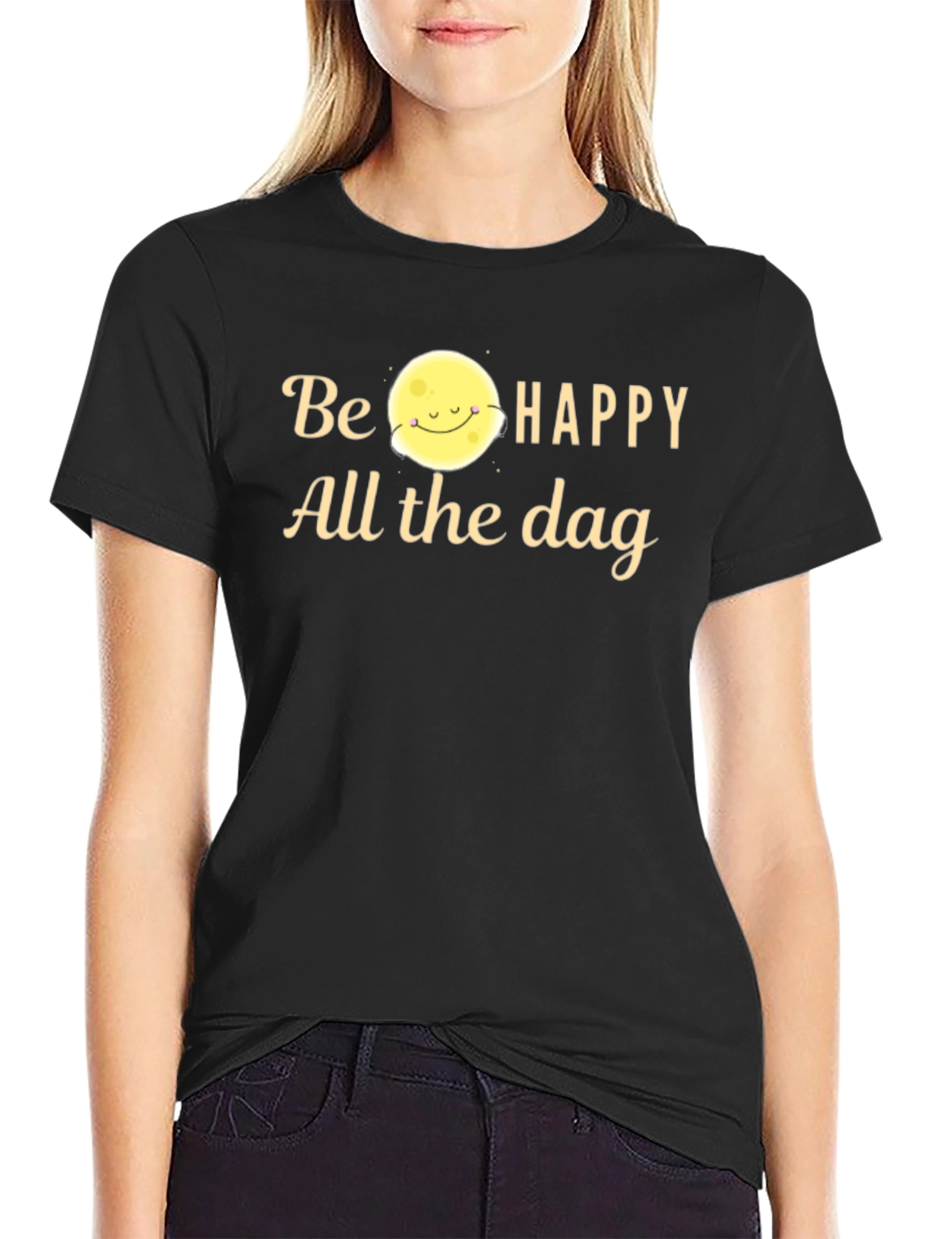 Be Happy Moon Graphic T-Shirt - Black