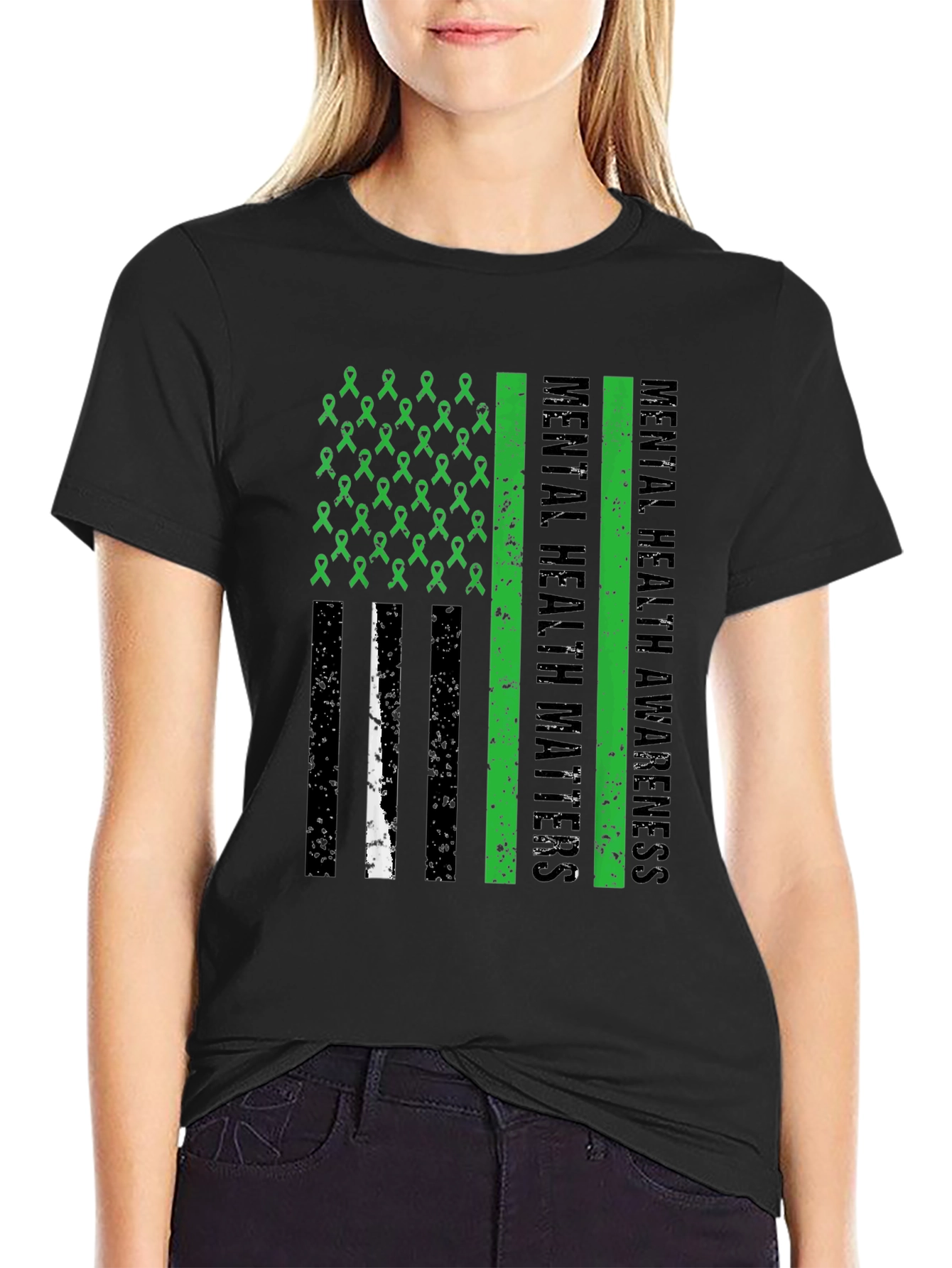 Mental Health Matters Awareness Ribbon American Flag Tee