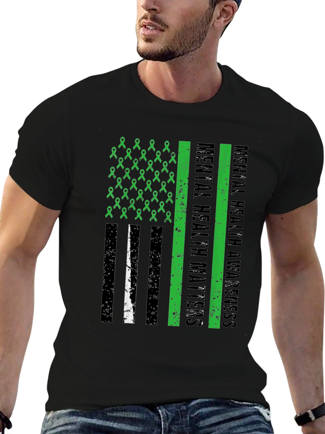Mental Health Matters Awareness Ribbon American Flag Tee