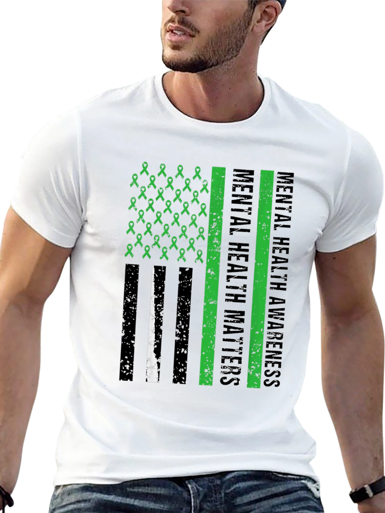 Mental Health Matters Awareness Ribbon American Flag Tee