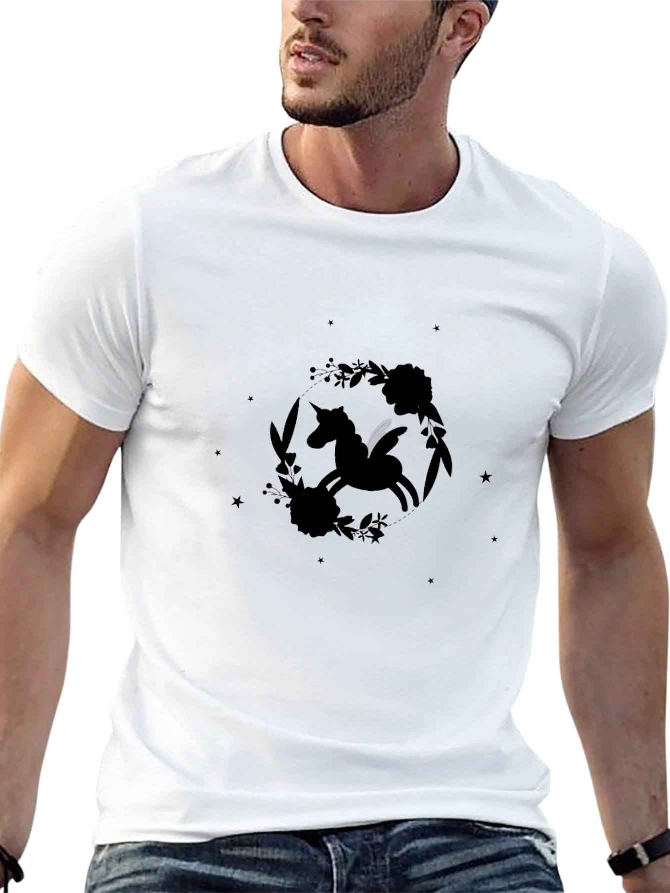 Unicorn Floral Wreath Black T-Shirt