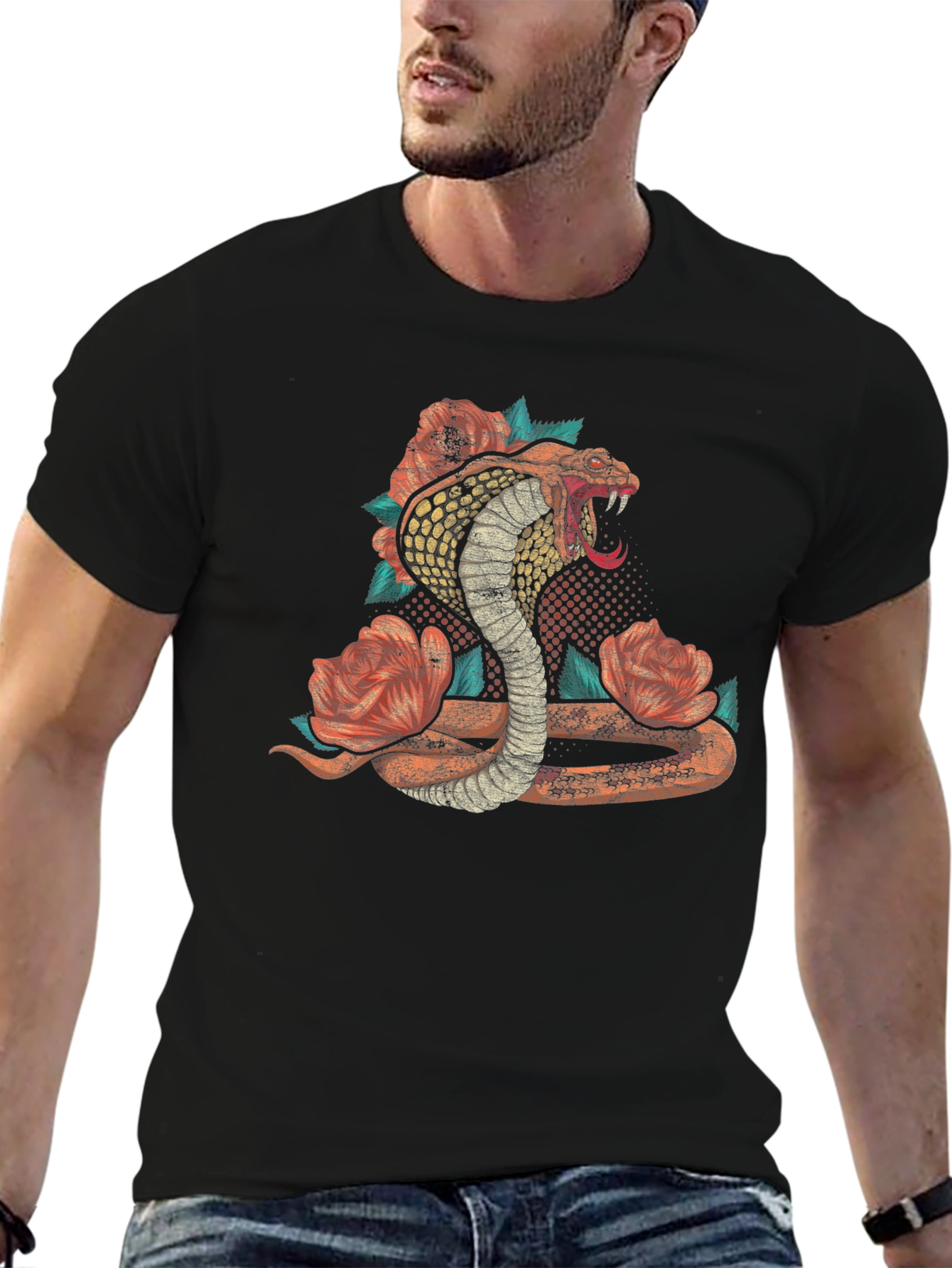 Cobra Snake Floral Graphic Print Mens Black T-Shirt