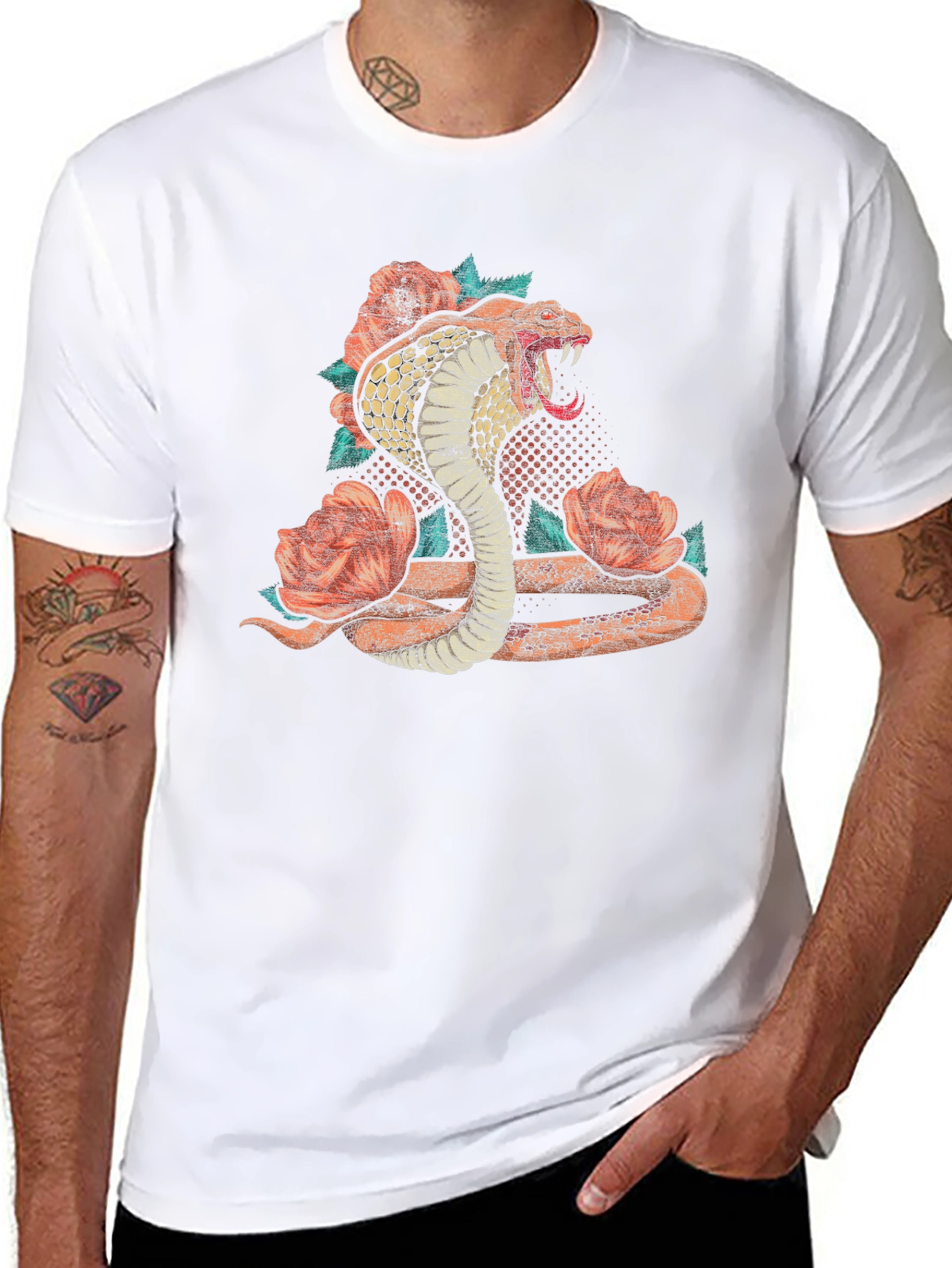 Cobra Snake Floral Graphic Print Mens Black T-Shirt