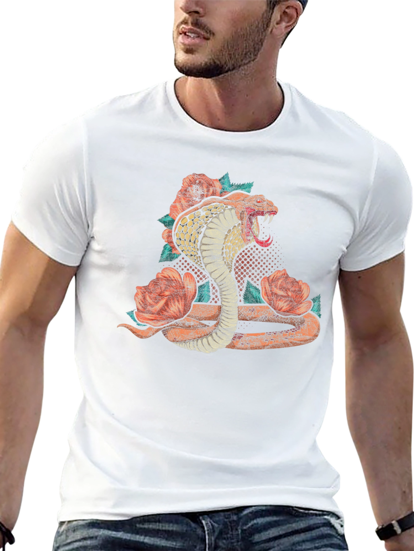 Cobra Snake Floral Graphic Print Mens Black T-Shirt
