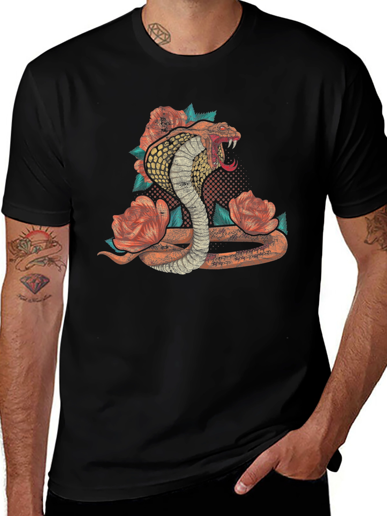 Cobra Snake Floral Graphic Print Mens Black T-Shirt