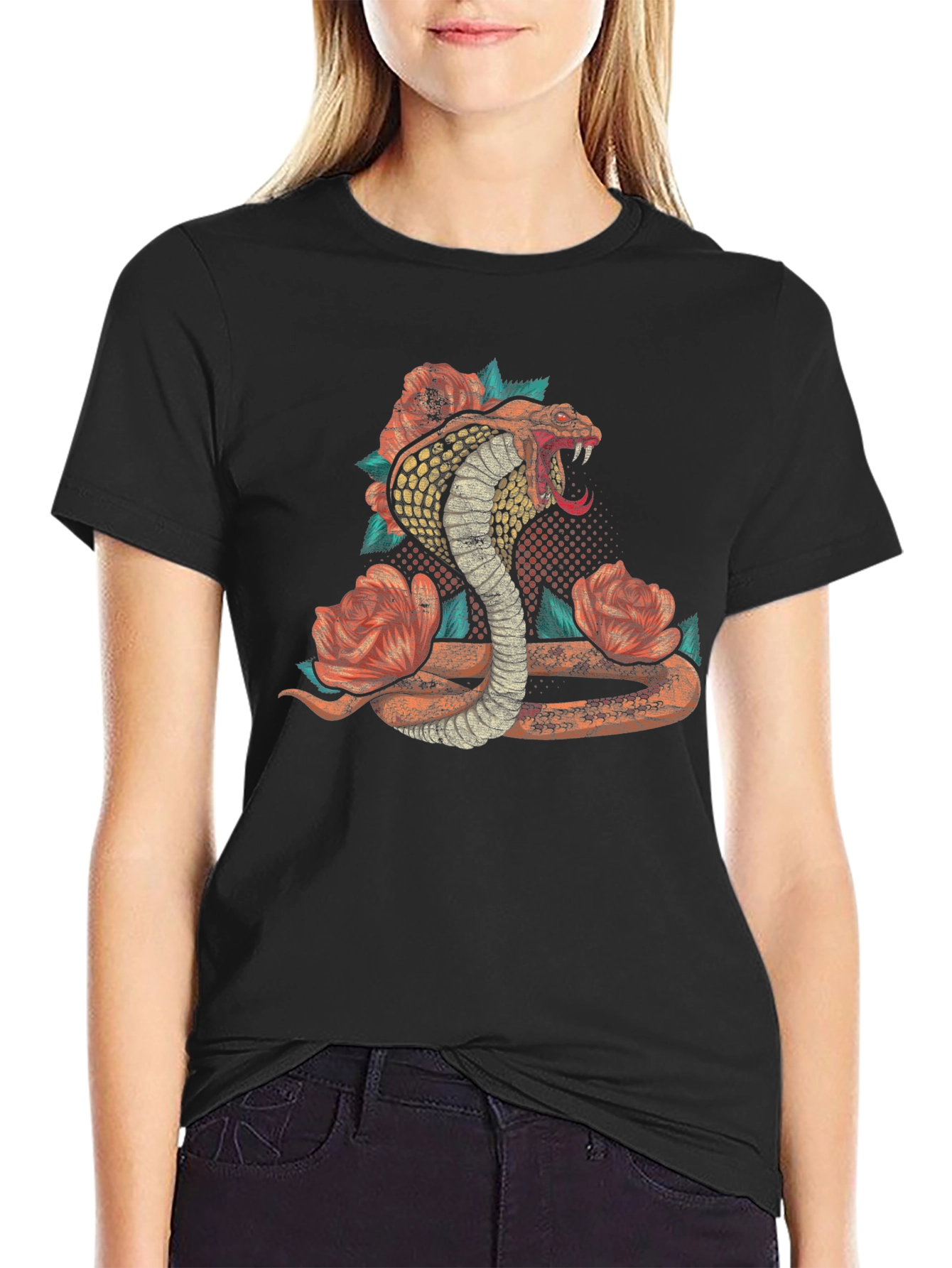 Cobra Snake Floral Graphic Print Mens Black T-Shirt