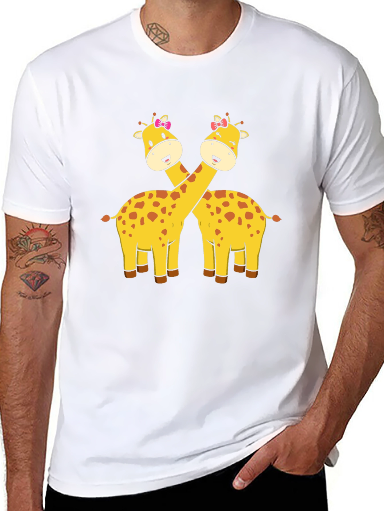 Cute Giraffe Couple Graphic T-Shirt - Black
