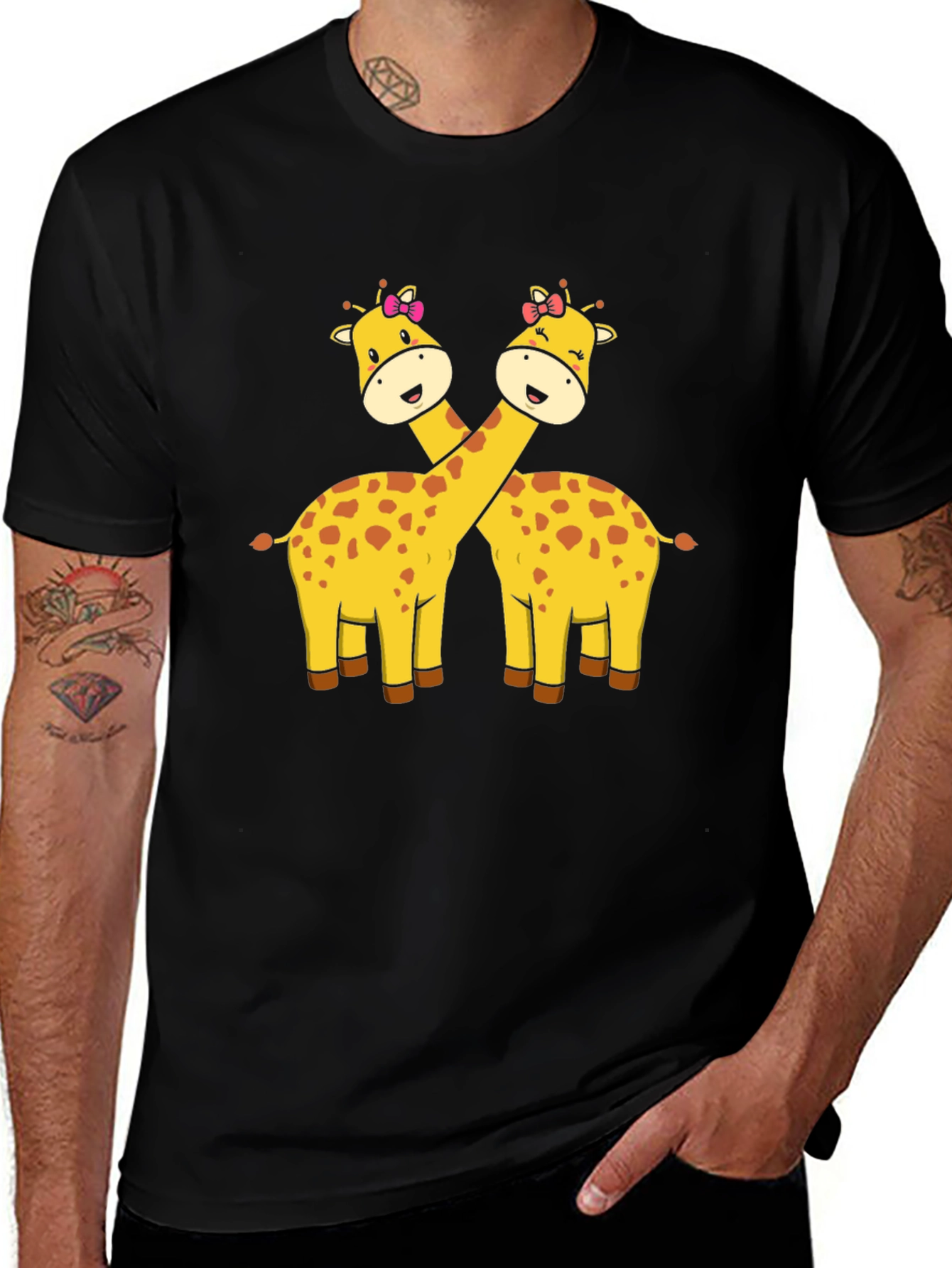 Cute Giraffe Couple Graphic T-Shirt - Black
