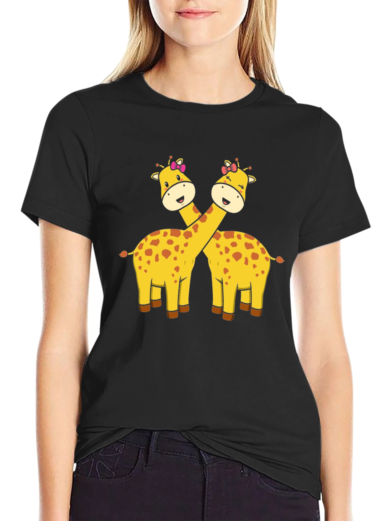 Cute Giraffe Couple Graphic T-Shirt - Black