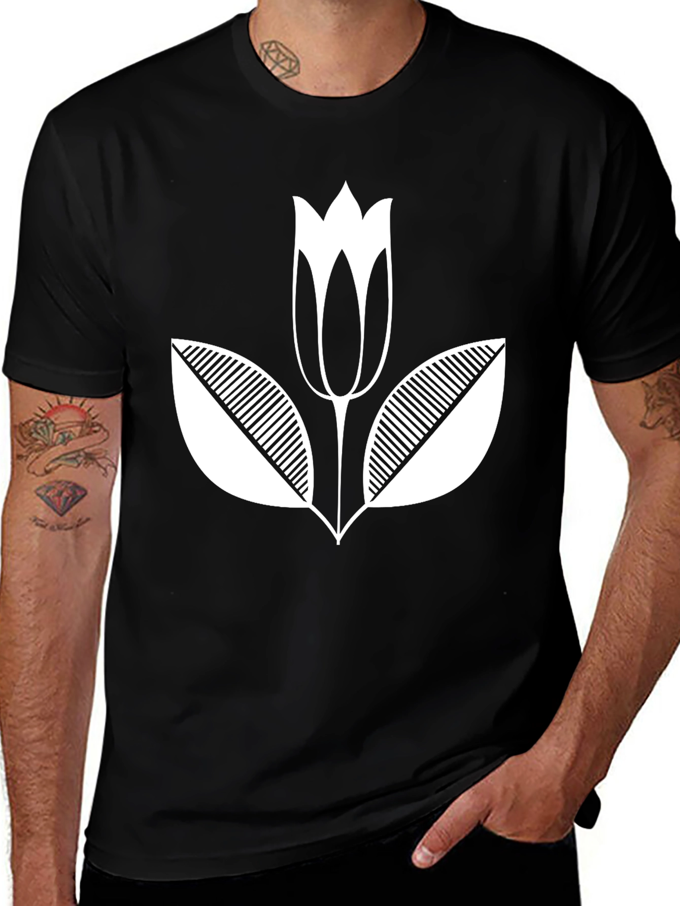 Black T-Shirt with White Flower Graphic Print