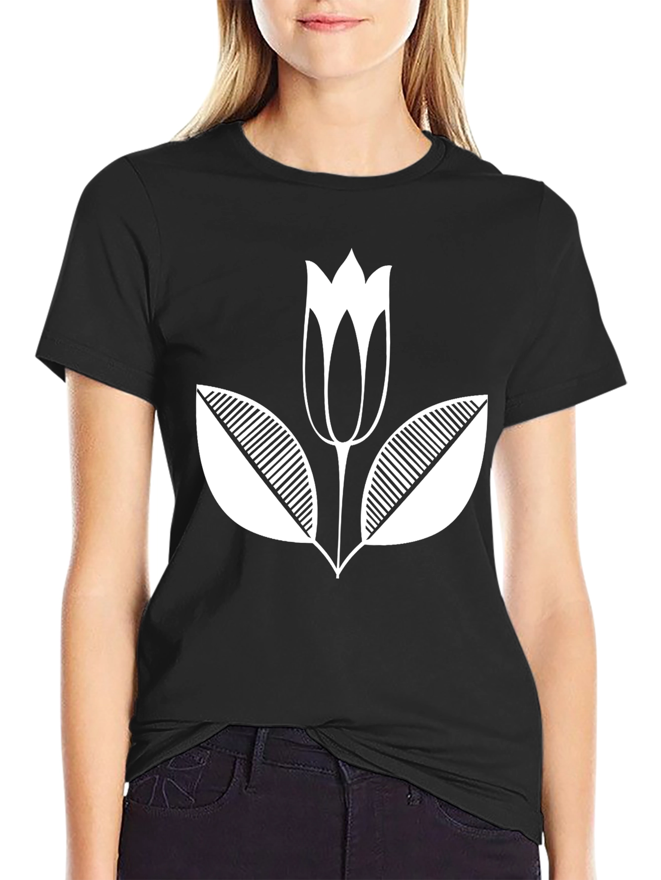 Black T-Shirt with White Flower Graphic Print