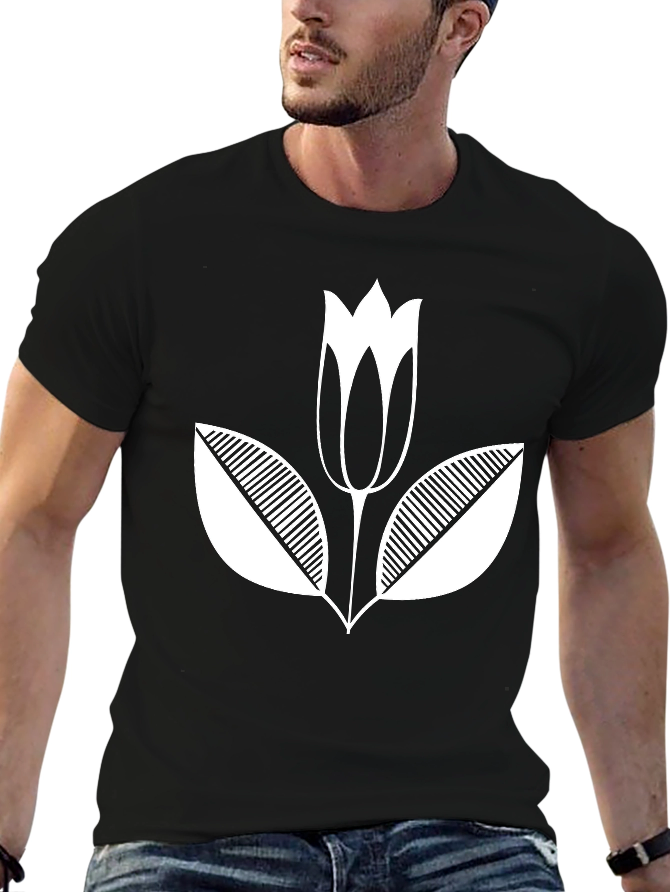 Black T-Shirt with White Flower Graphic Print
