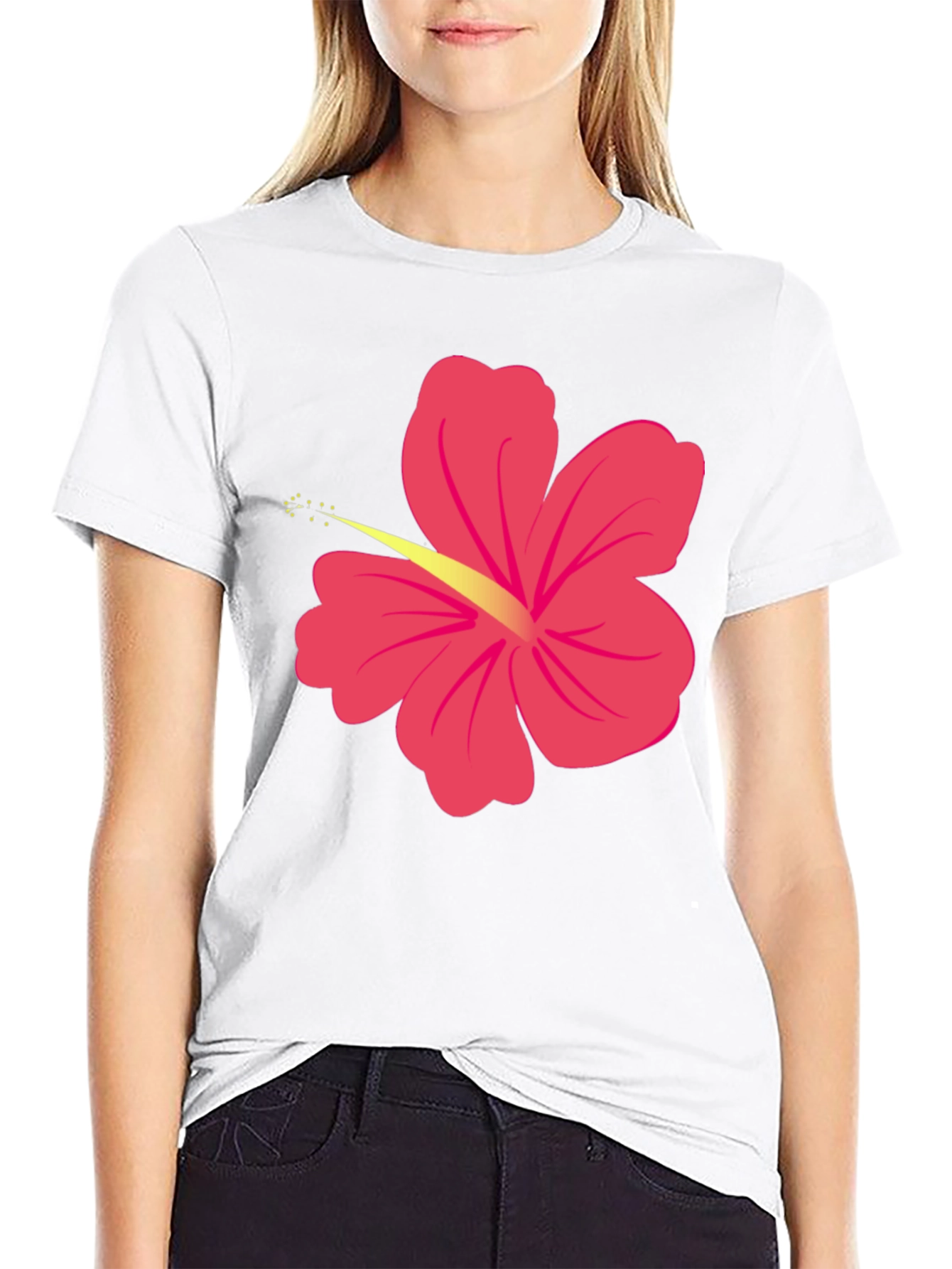 Black T-Shirt with Pink Hibiscus Flower Graphic