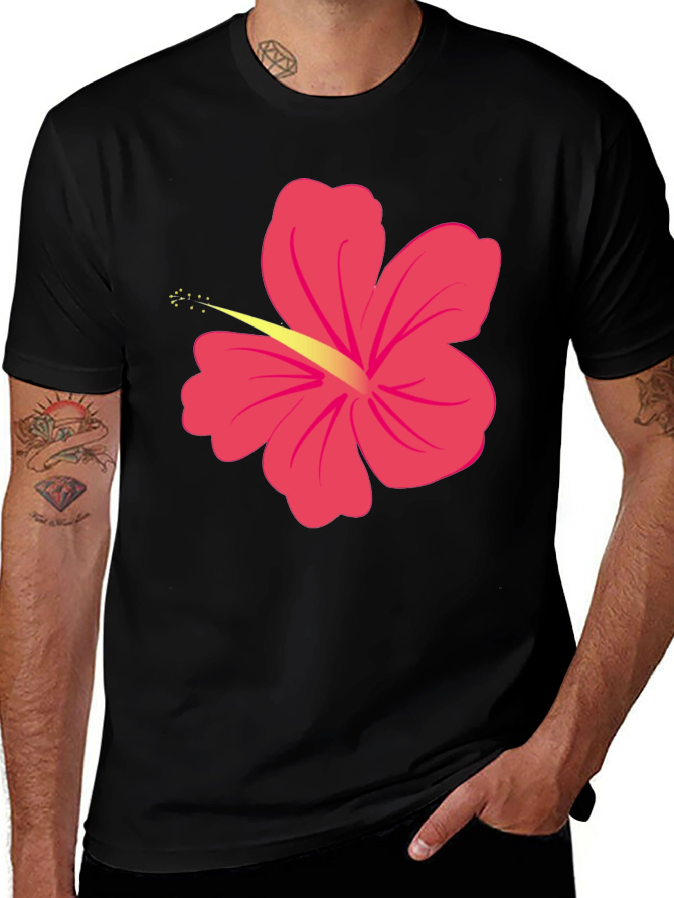 Black T-Shirt with Pink Hibiscus Flower Graphic
