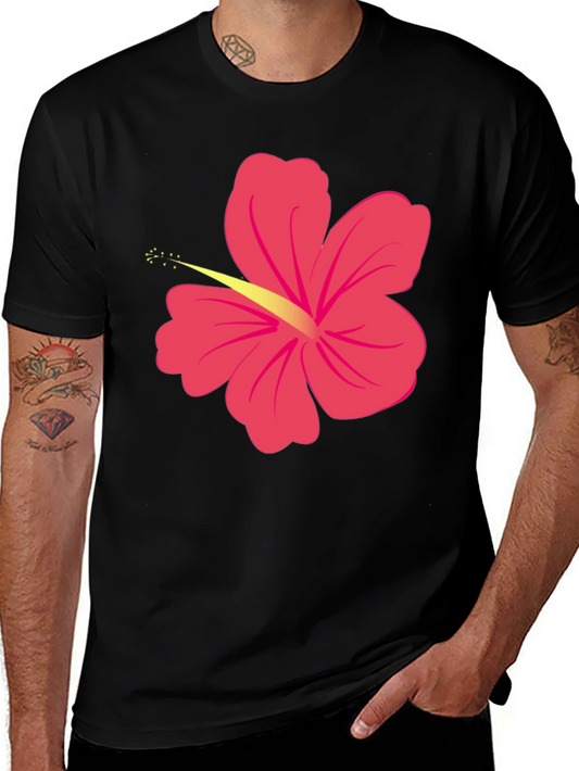 Black T-Shirt with Pink Hibiscus Flower Graphic