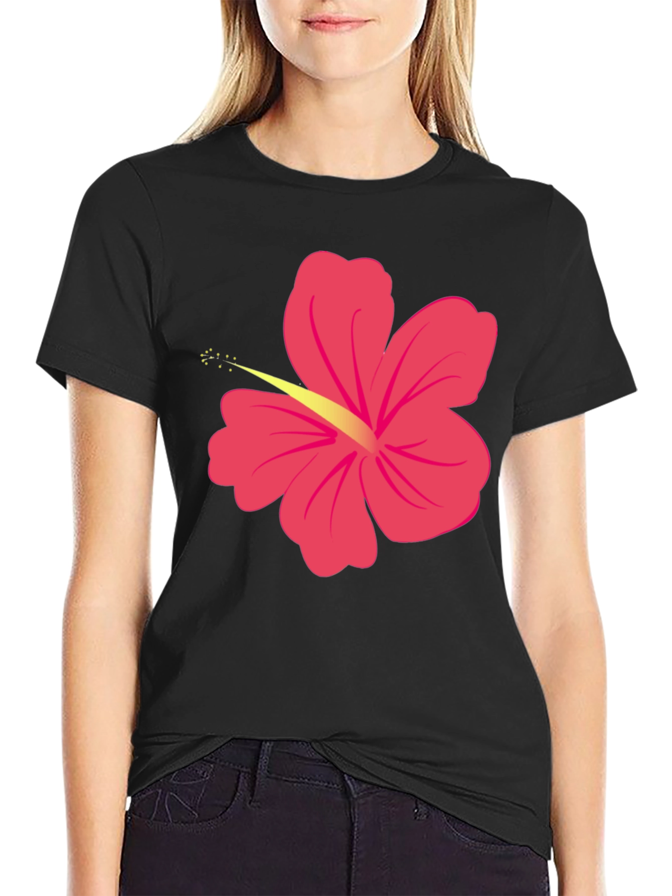 Black T-Shirt with Pink Hibiscus Flower Graphic