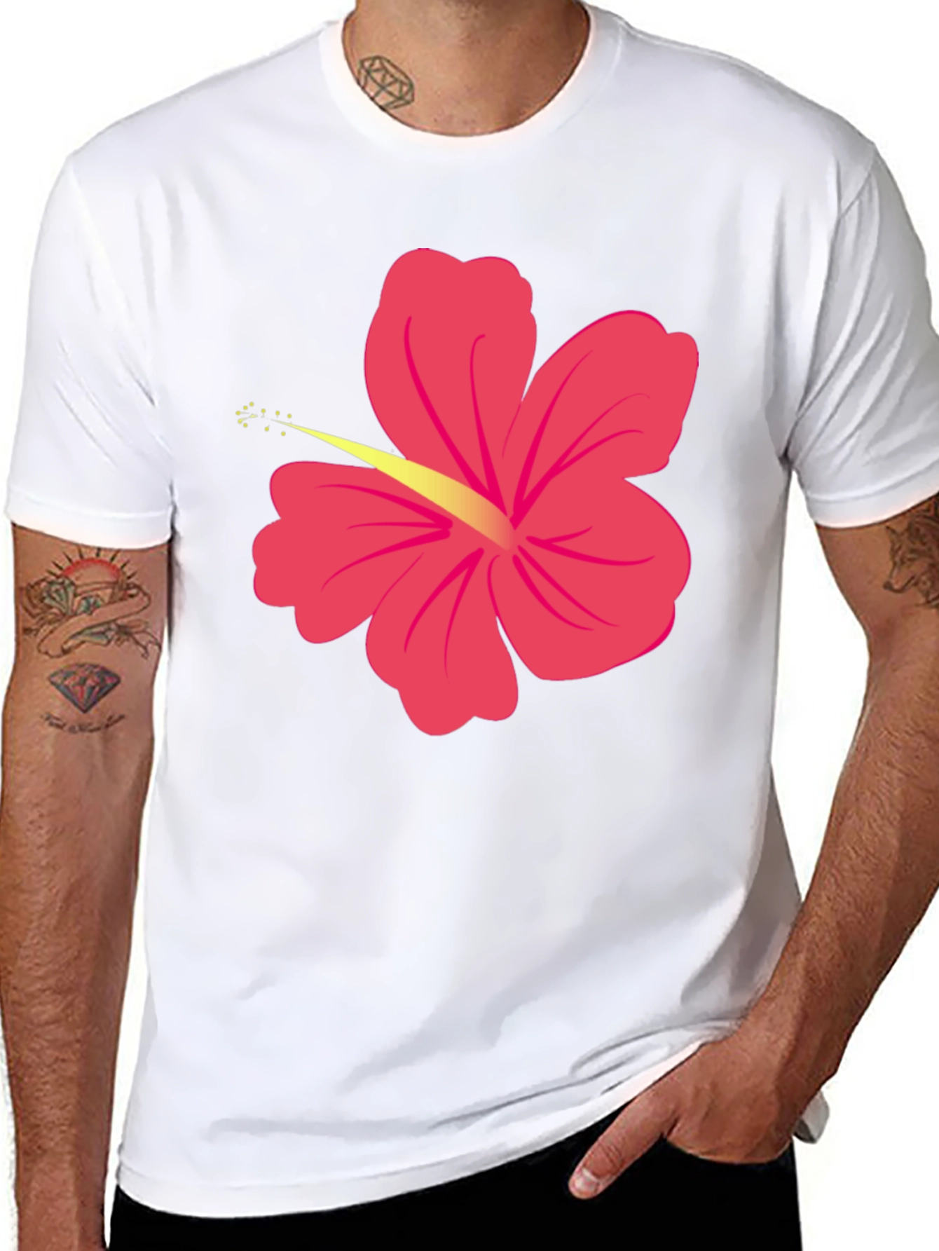 Black T-Shirt with Pink Hibiscus Flower Graphic