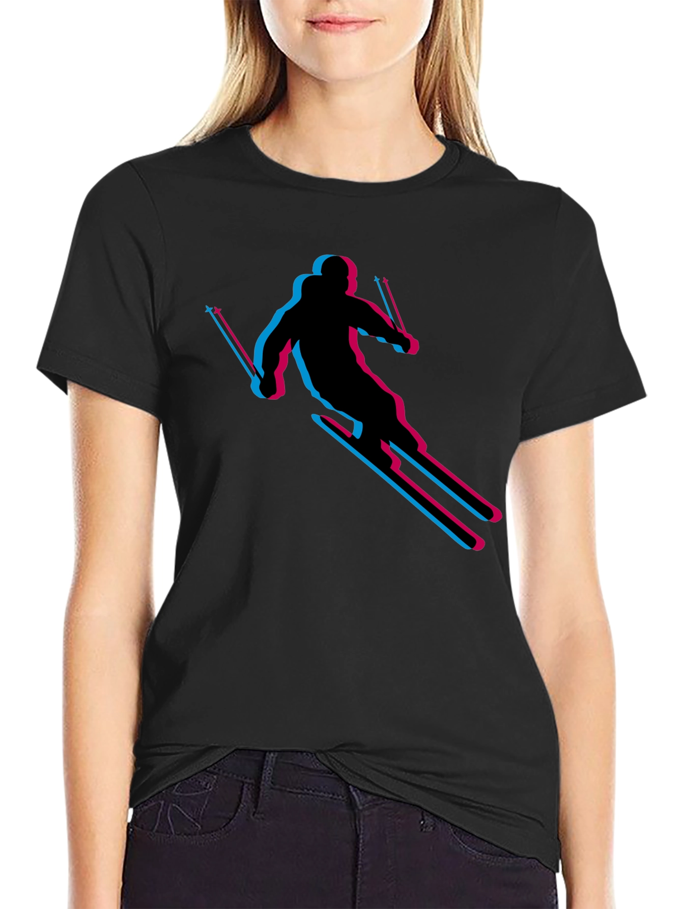 Retro Skiing T-Shirt - Black Cotton Blend