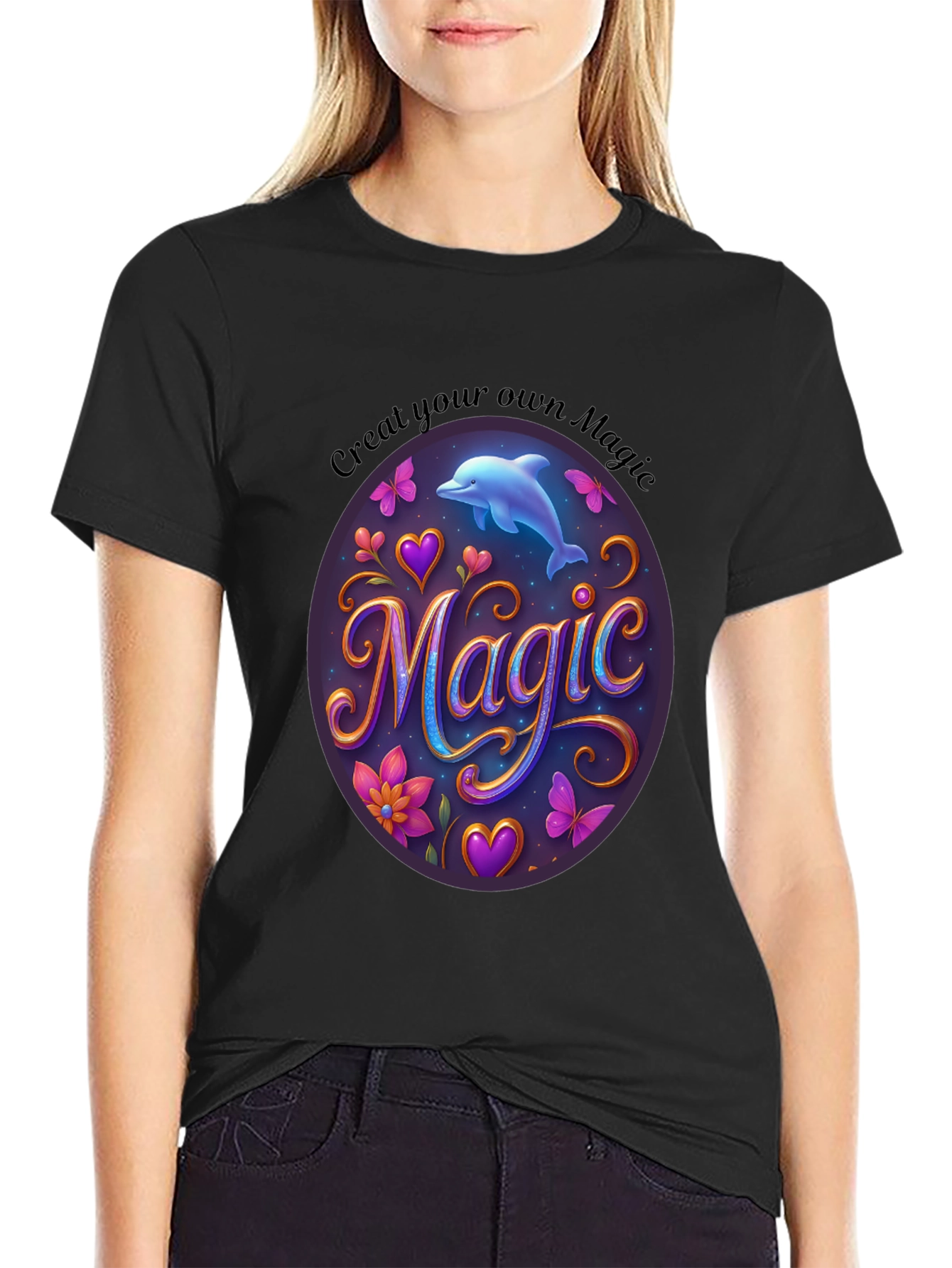 Magic Dolphin Graphic Tee - Unisex Black T-Shirt