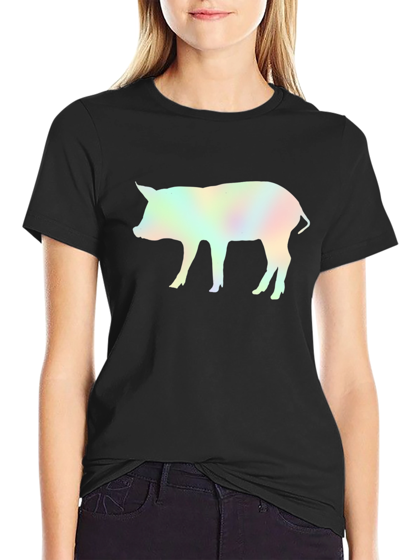 Holographic Pig Graphic Black T-Shirt
