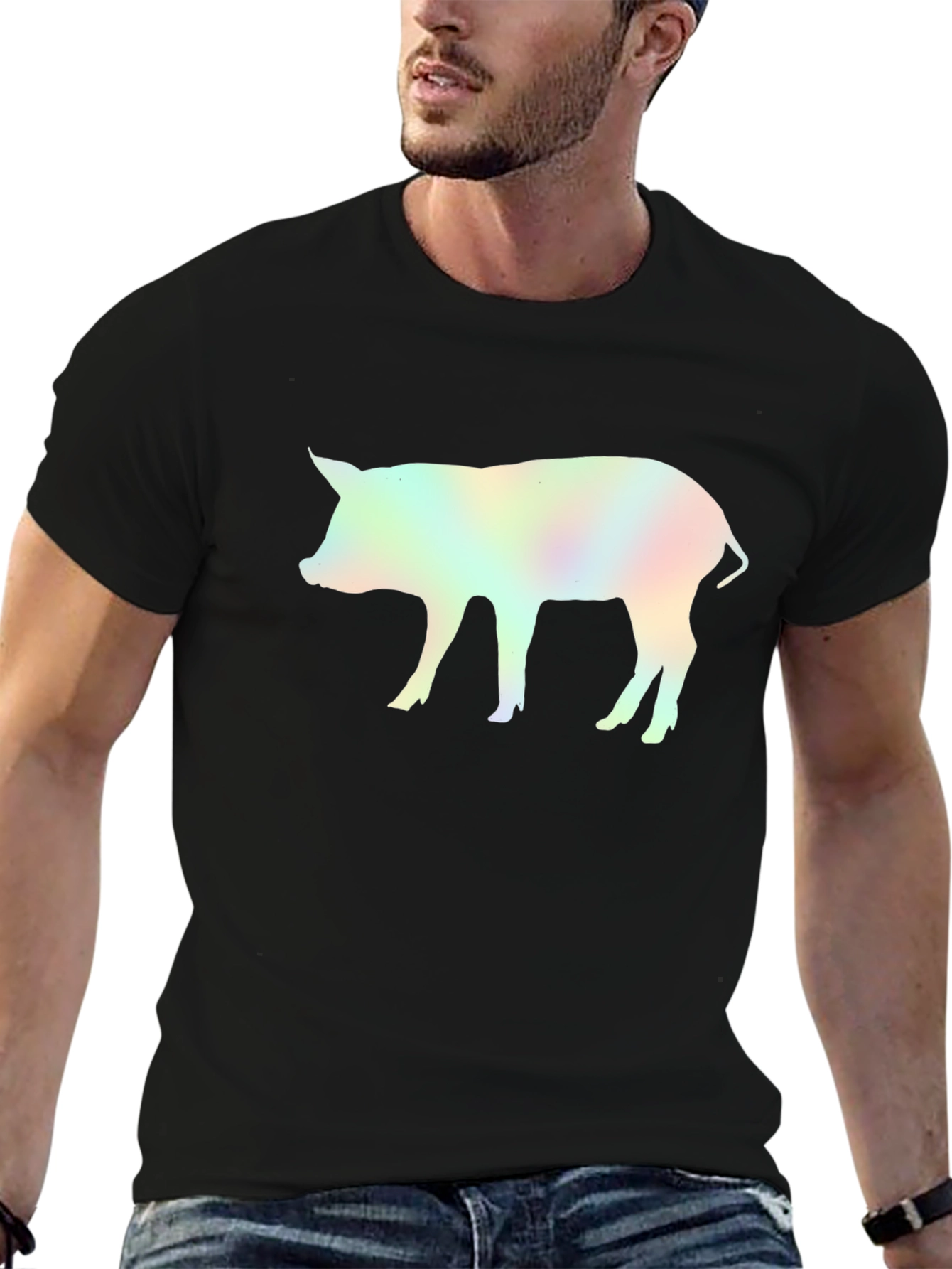 Holographic Pig Graphic Black T-Shirt
