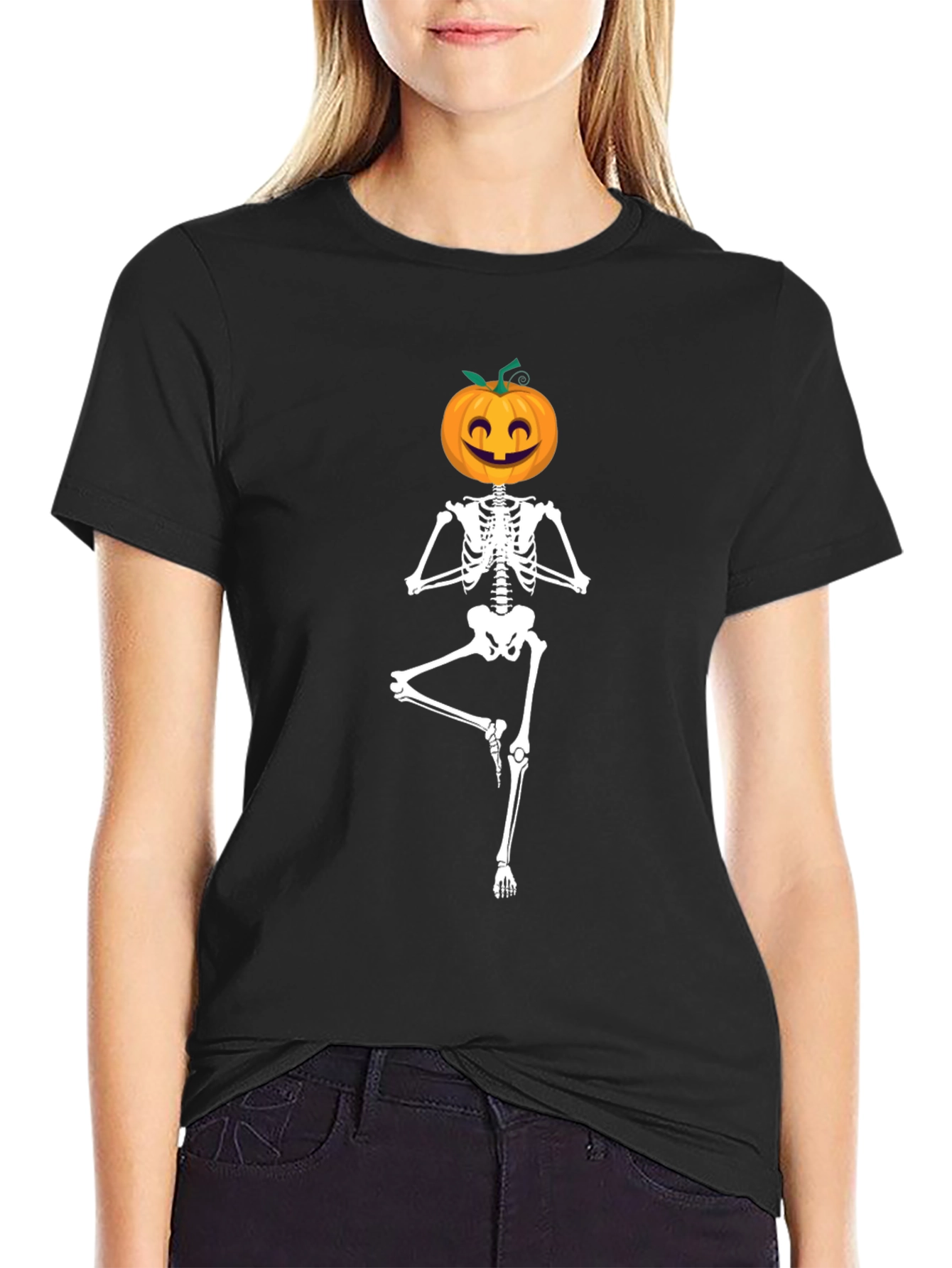 Halloween Skeleton Yoga Pumpkin Head T-Shirt