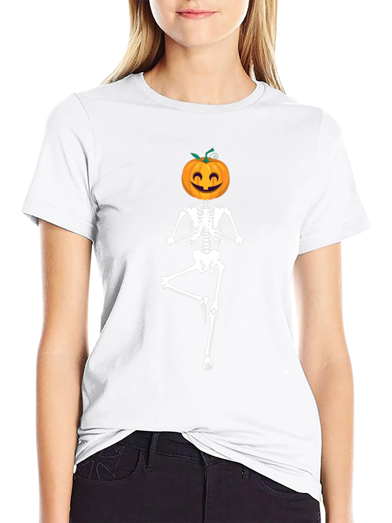 Halloween Skeleton Yoga Pumpkin Head T-Shirt