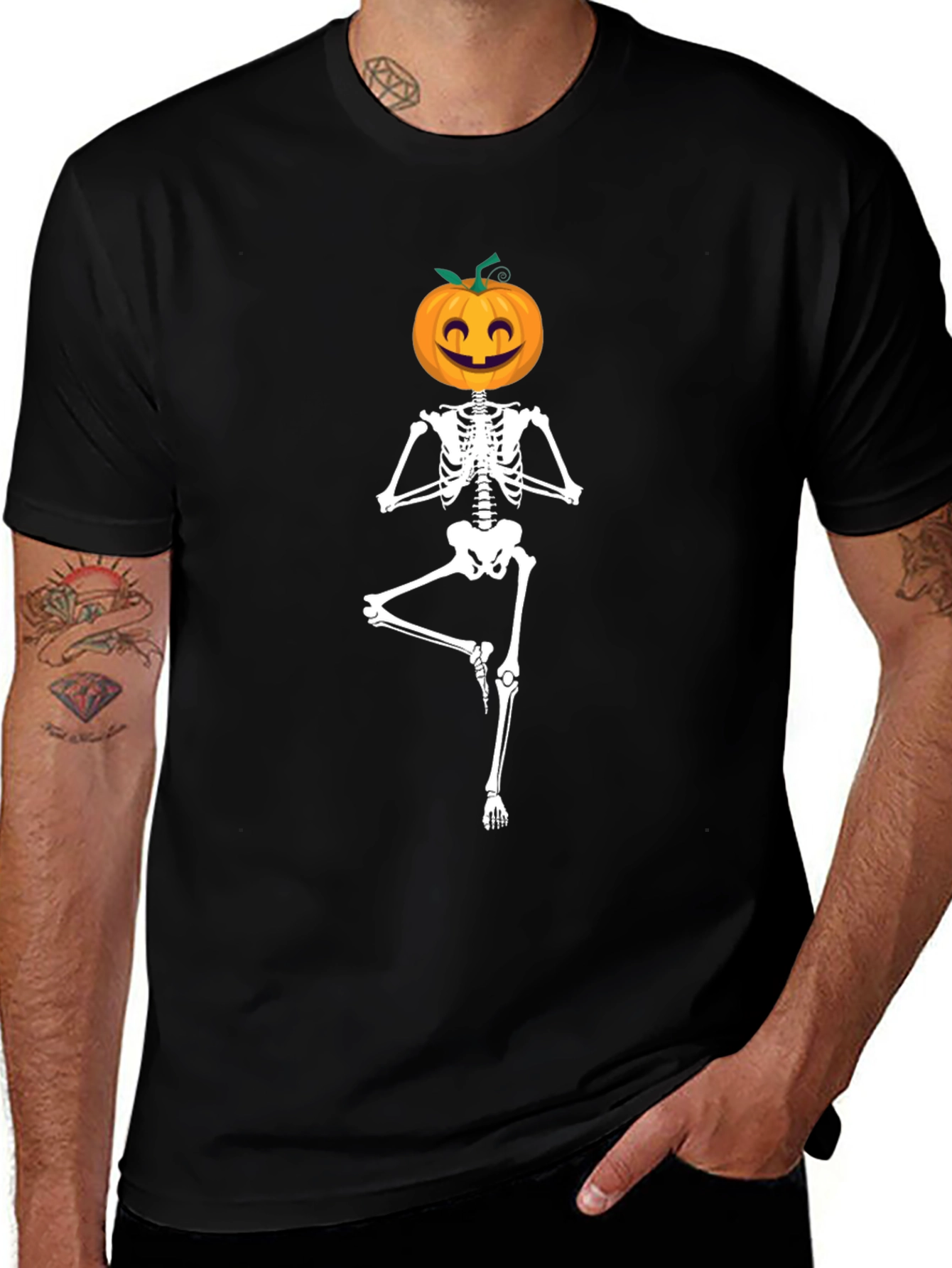 Halloween Skeleton Yoga Pumpkin Head T-Shirt
