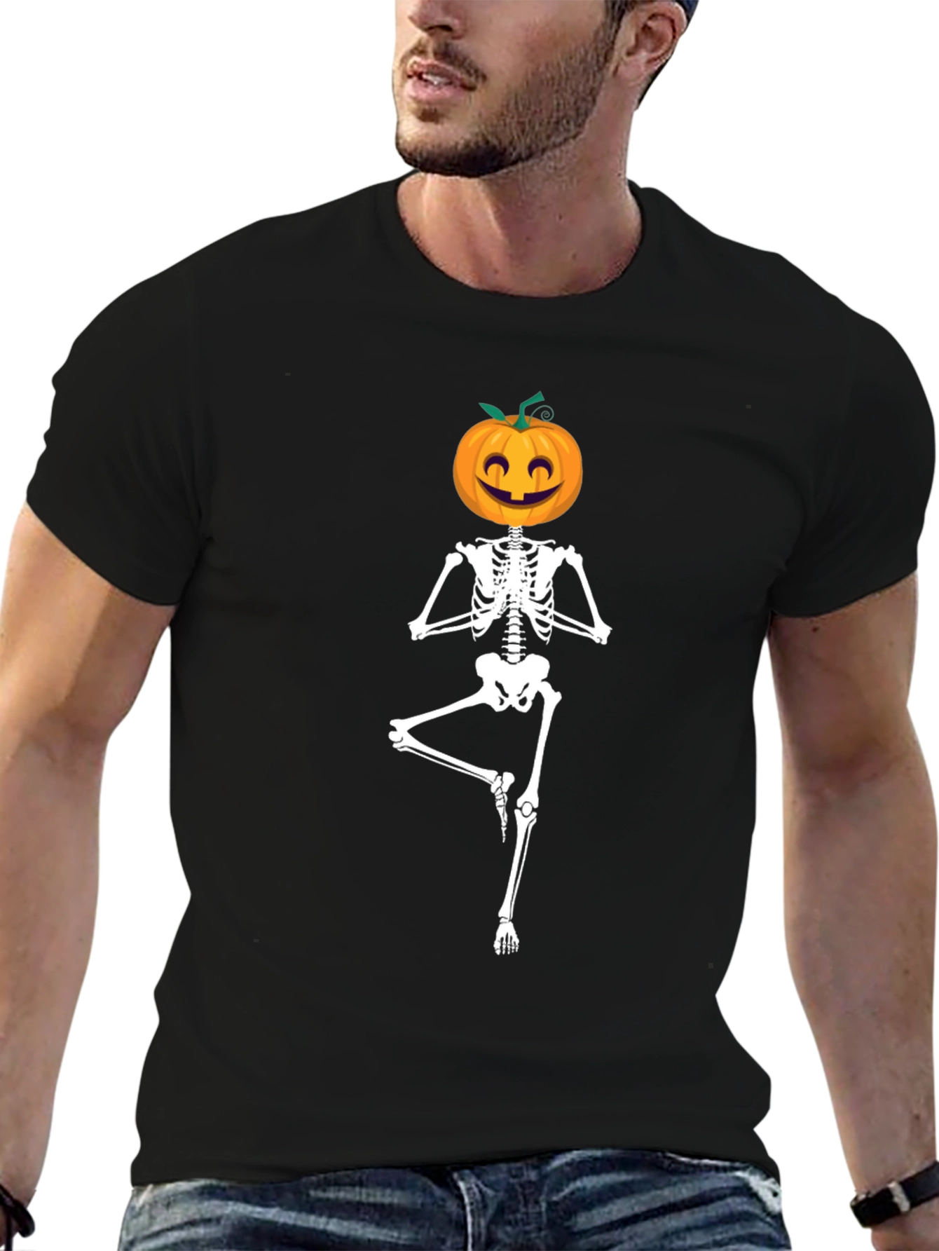 Halloween Skeleton Yoga Pumpkin Head T-Shirt