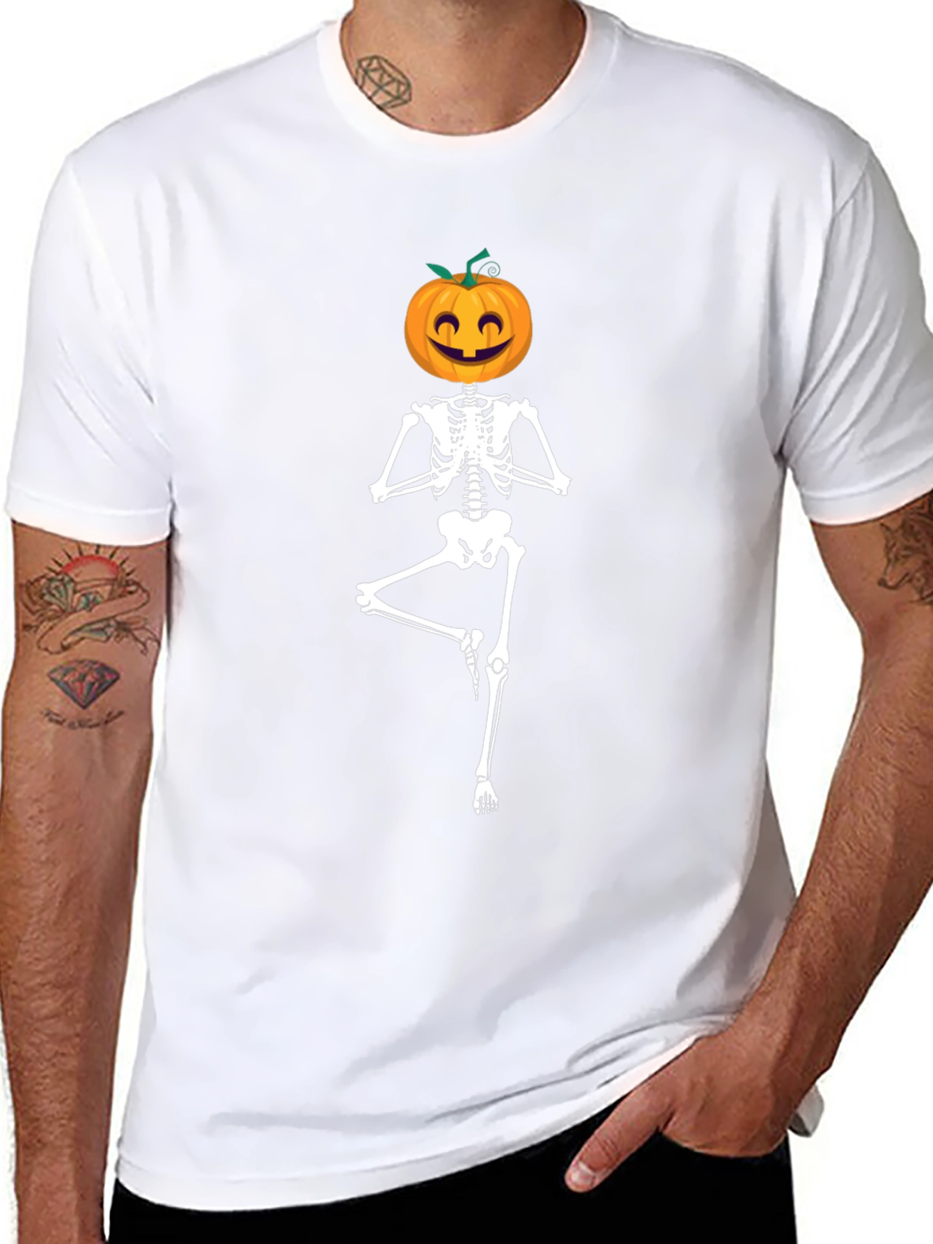 Halloween Skeleton Yoga Pumpkin Head T-Shirt