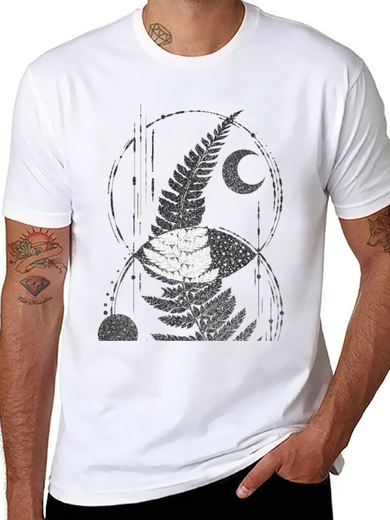Mens Black Fern & Moon Graphic T-Shirt