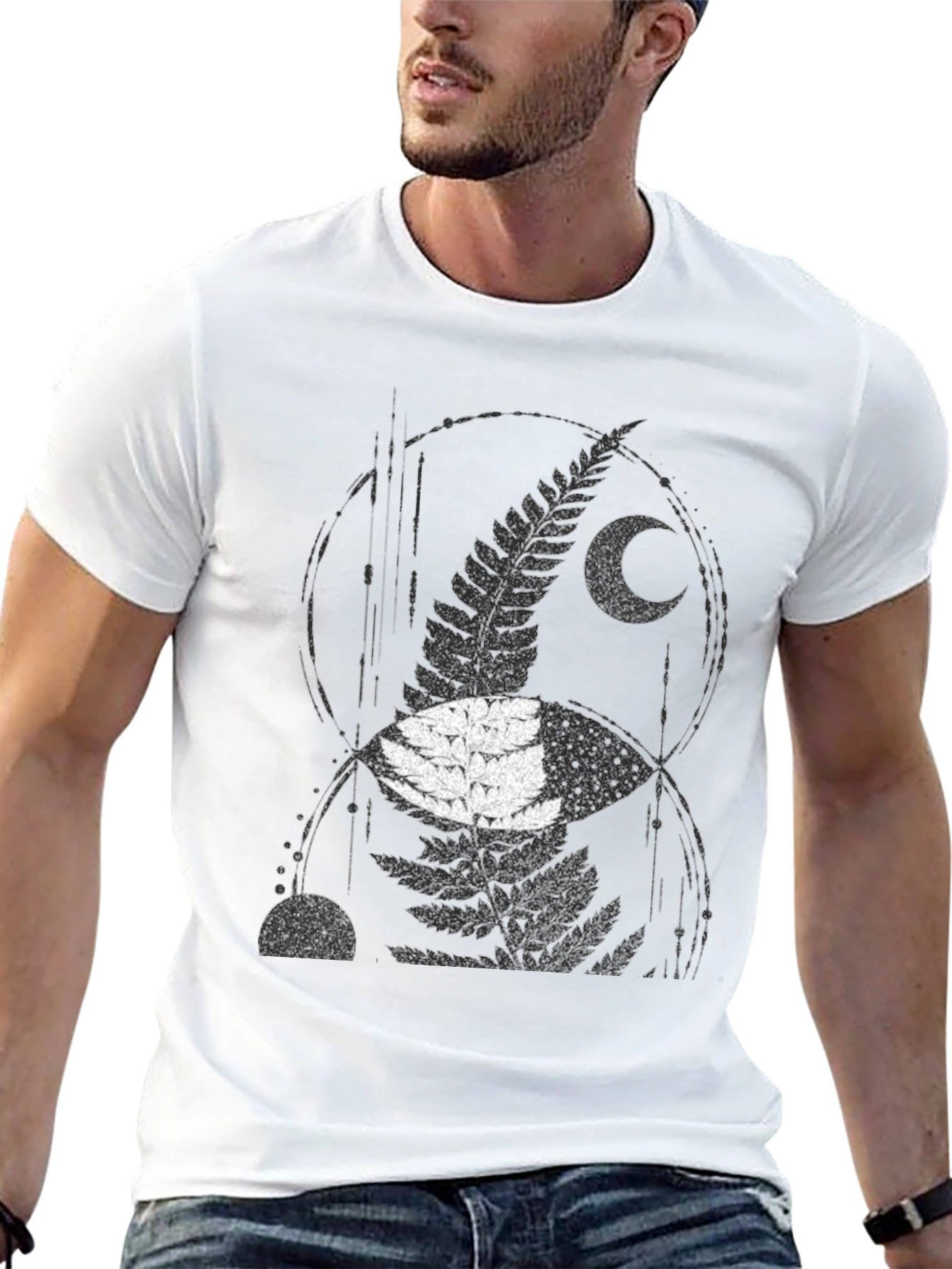 Mens Black Fern & Moon Graphic T-Shirt