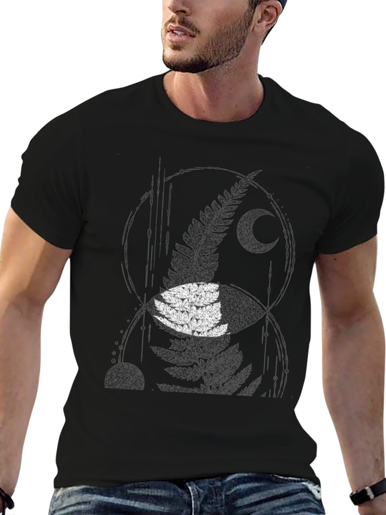 Mens Black Fern & Moon Graphic T-Shirt