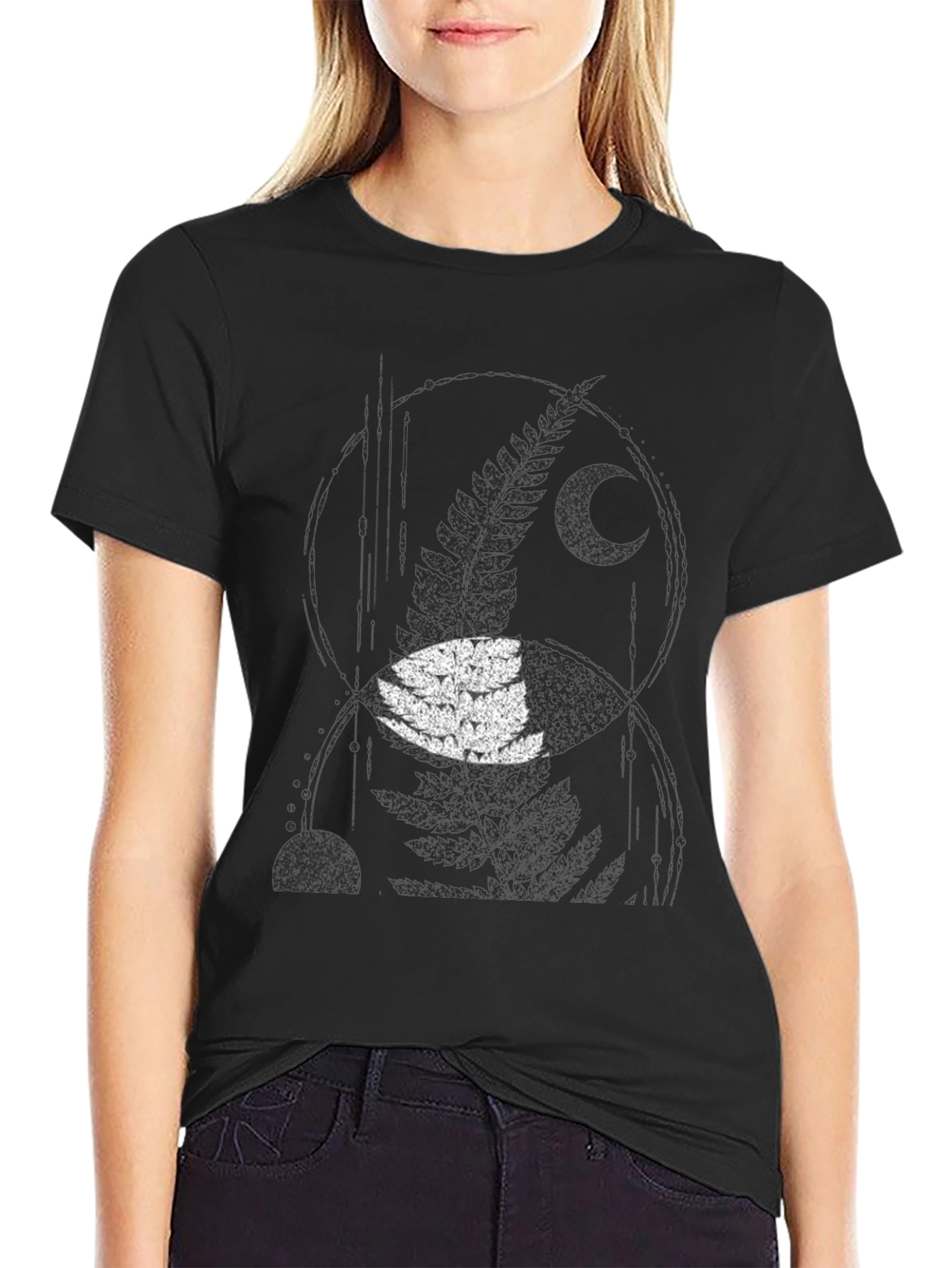 Mens Black Fern & Moon Graphic T-Shirt