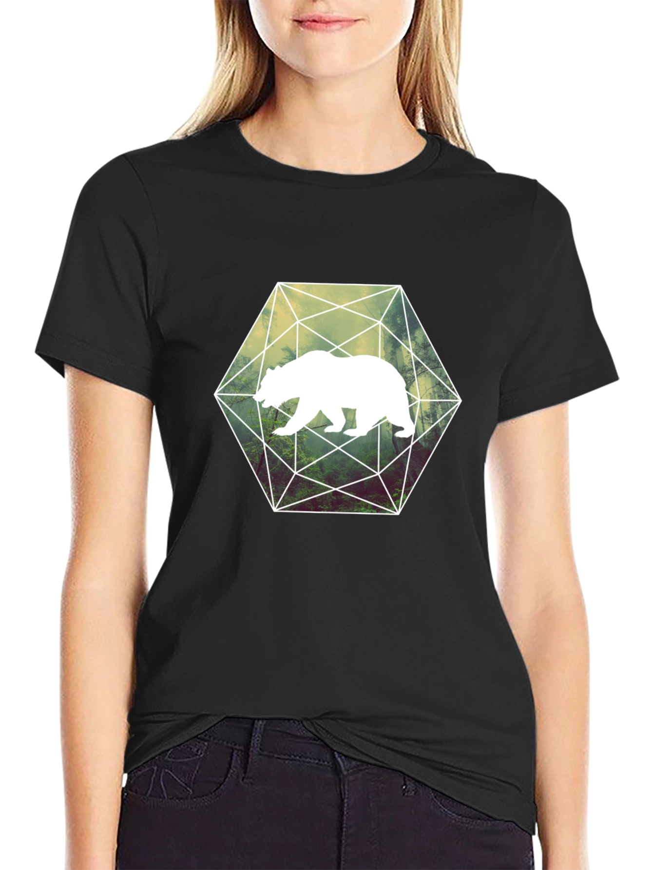 Geometric Bear Graphic T-Shirt - Black